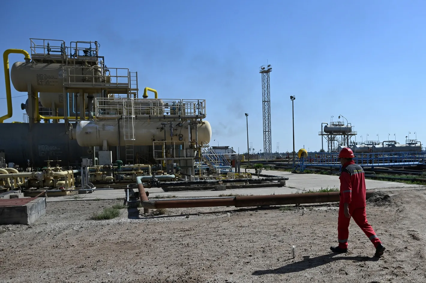 A worker&nbsp;inside the complex of Nahr Bin Umar Oil and Gas Field on the outskirts of Basrah, Iraq.