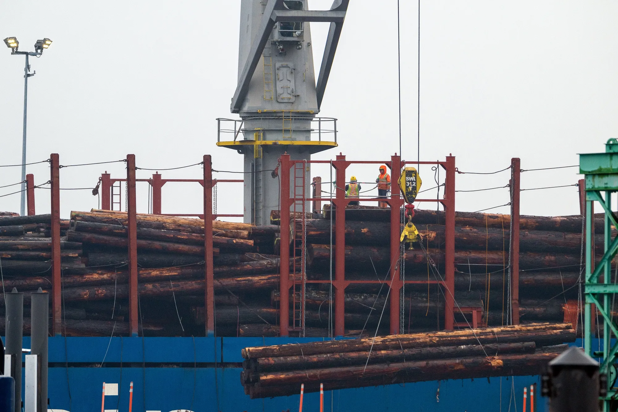 A lumber carrier loaded with timber in Nanaimo, British Columbia, Canada.
