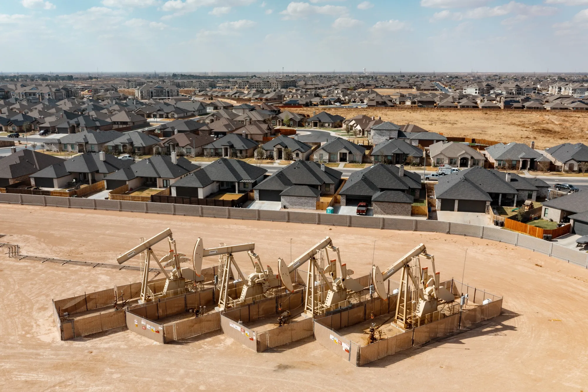 Pumpjacks located in the middle of a residential neighborhood in Midland, Texas, U.S.&nbsp;