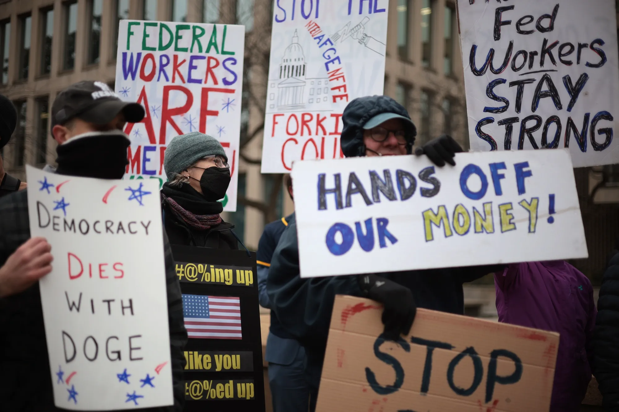 Protesters rally outside the&nbsp;Office of Personnel Management headquarters in Washington on February 05, 2025.&nbsp;