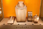 Luxury jewelry on display in the window of the Bulgari boutique in Moscow.