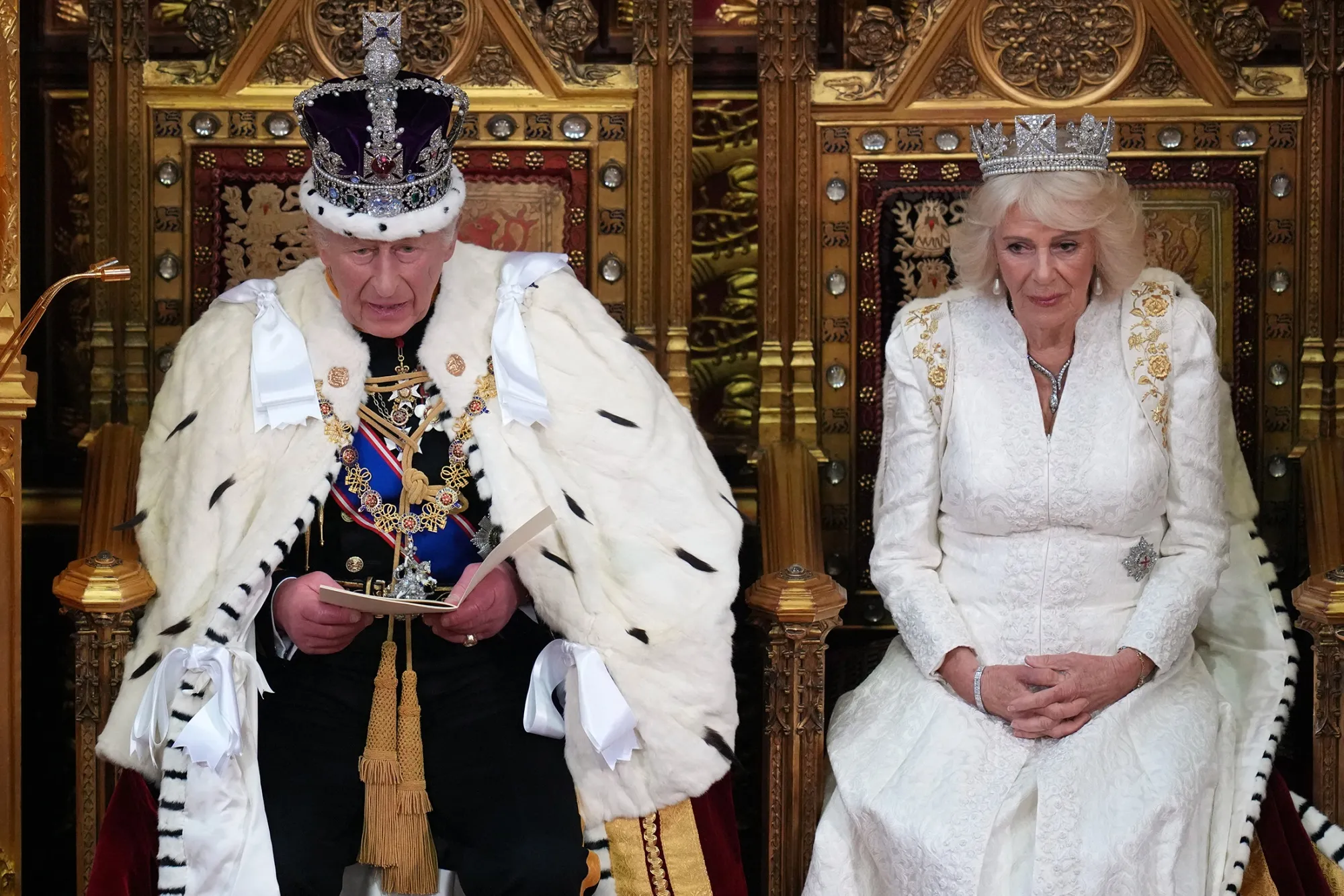 King Charles III makes his speech in the House of Lords chamber on May 13.