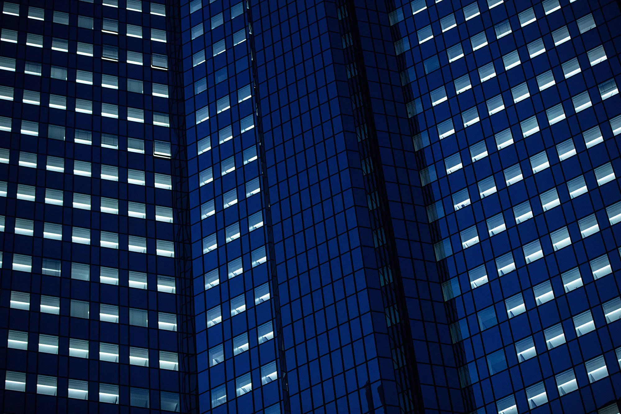 Office windows sit illuminated