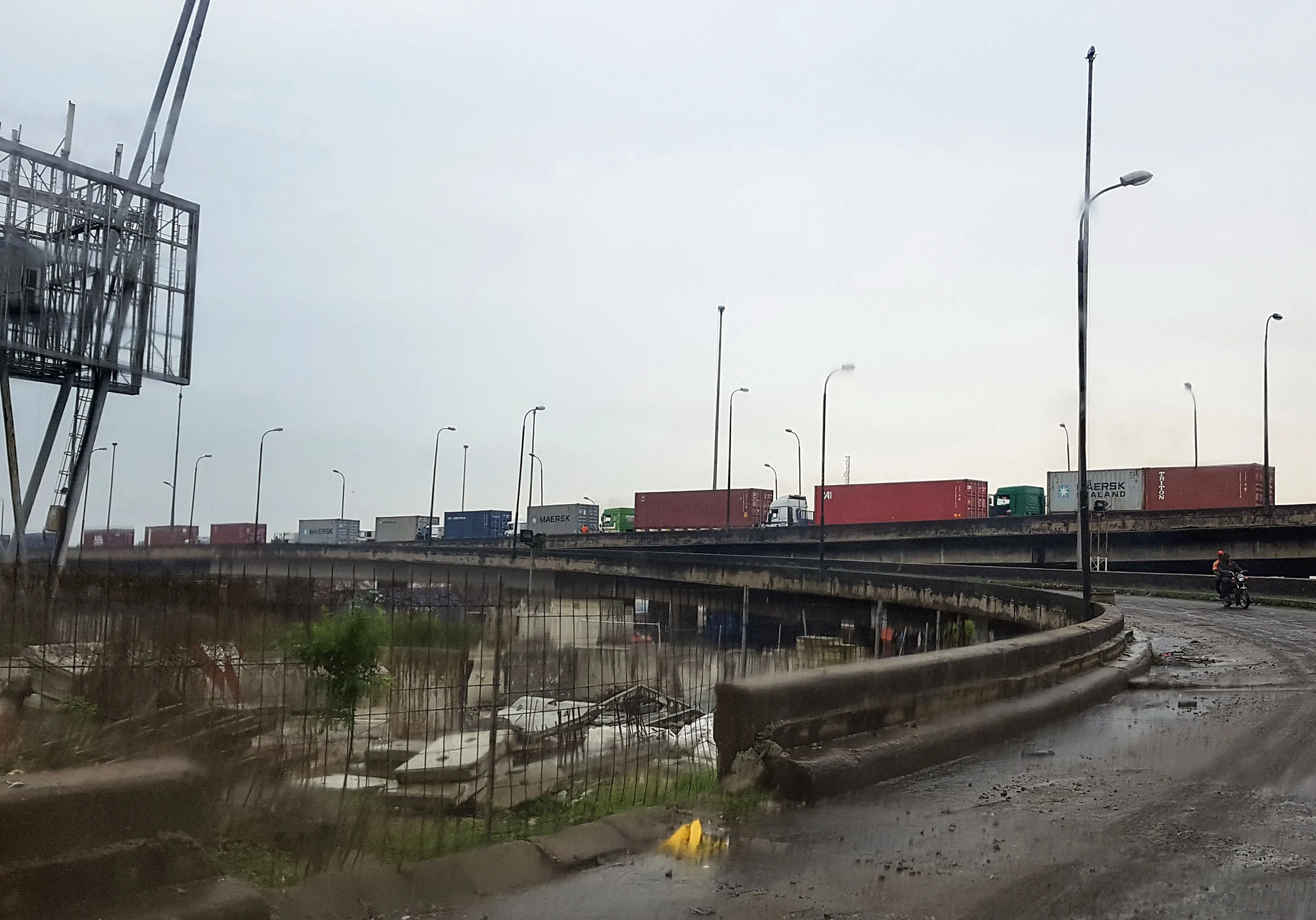 Container trucks sit in heavy traffic on the approach to Lagos Port.