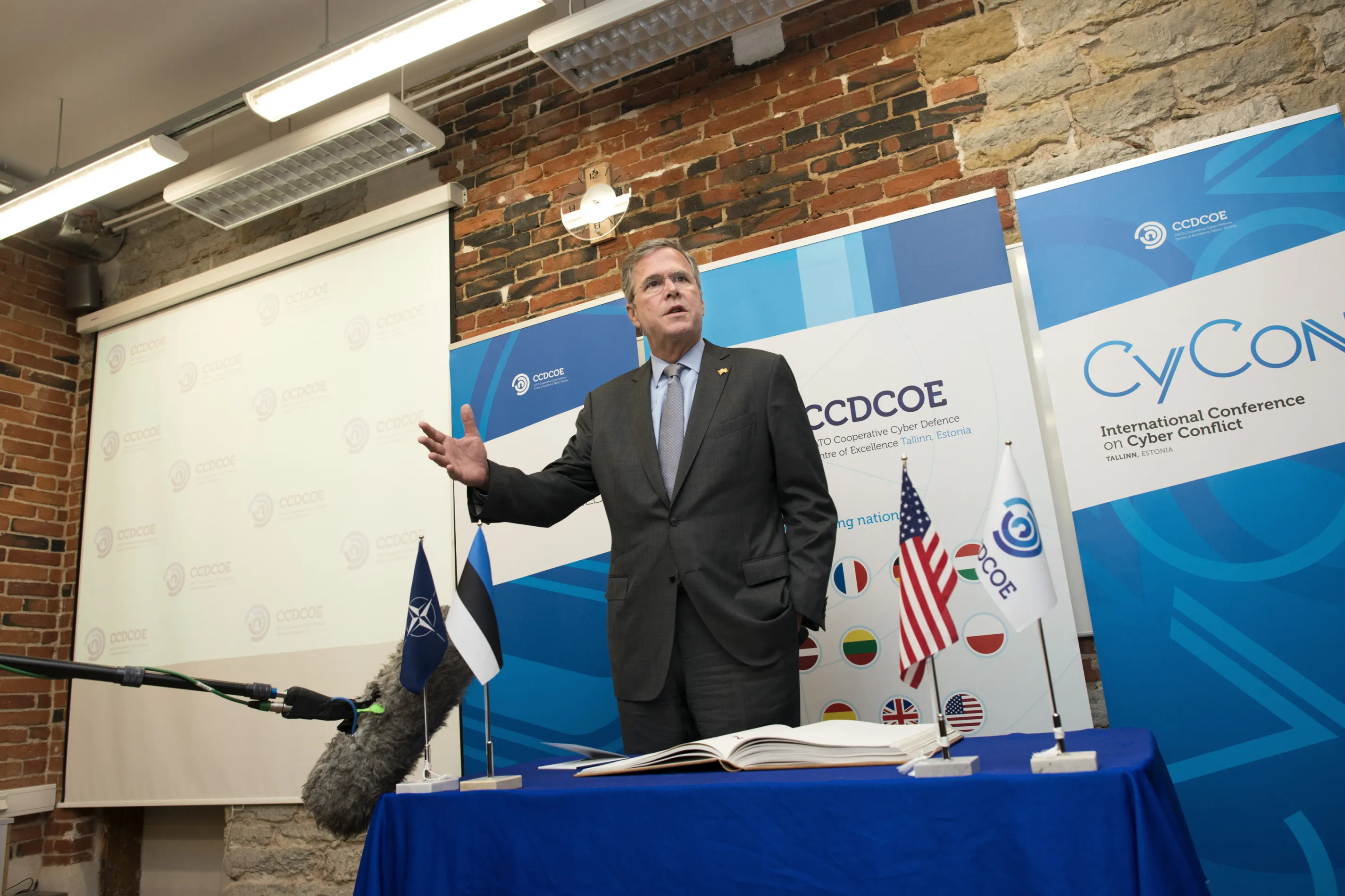 Jeb Bush, former Florida governor, speaks during a briefing at the NATO Cooperative Cyber Defense Center of Excellence in Tallinn, Estonia, on Friday.
