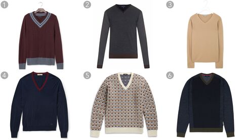 (1) Cricket vee pullover, Banana Republic, $98.50, bananarepublic.com; (2) Color-block wool-knit sweater, Lanvin, $595, matchesfashion.com; (3) Clean V-neck sweater, COS, $105, cosstores.com; (4) Silk and cotton blend sweater, Burberry London $650, mrporter.com; (5) Wool jacquard sweater, Raff Simons, $745, mrporter.com; (6) Color-block V-neck sweater, Ted Baker, $165, tedbaker.com.