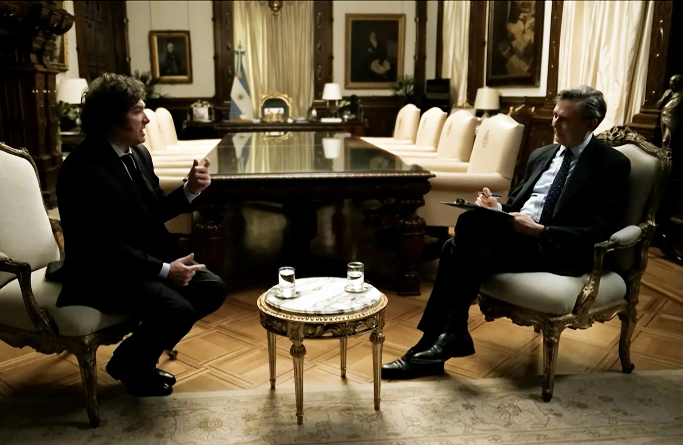 Argentine President Javier Milei, left, during an interview with Bloomberg Editor-in-Chief John Micklethwait in Buenos Aires, on April 4.