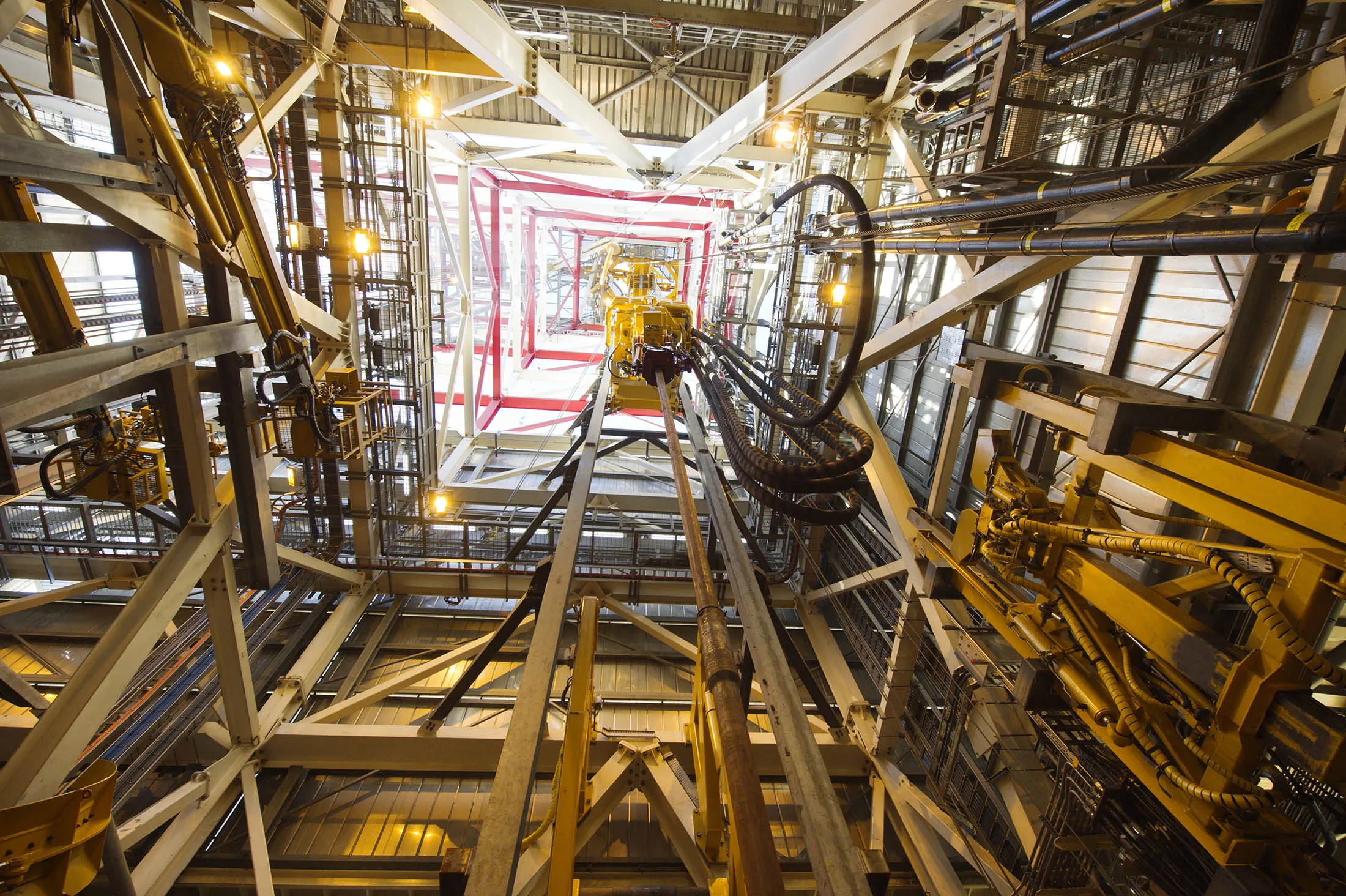 Apparatus for deepwater drilling is seen aboard an oil rig after re-fitting in Olensvag, Norway.
