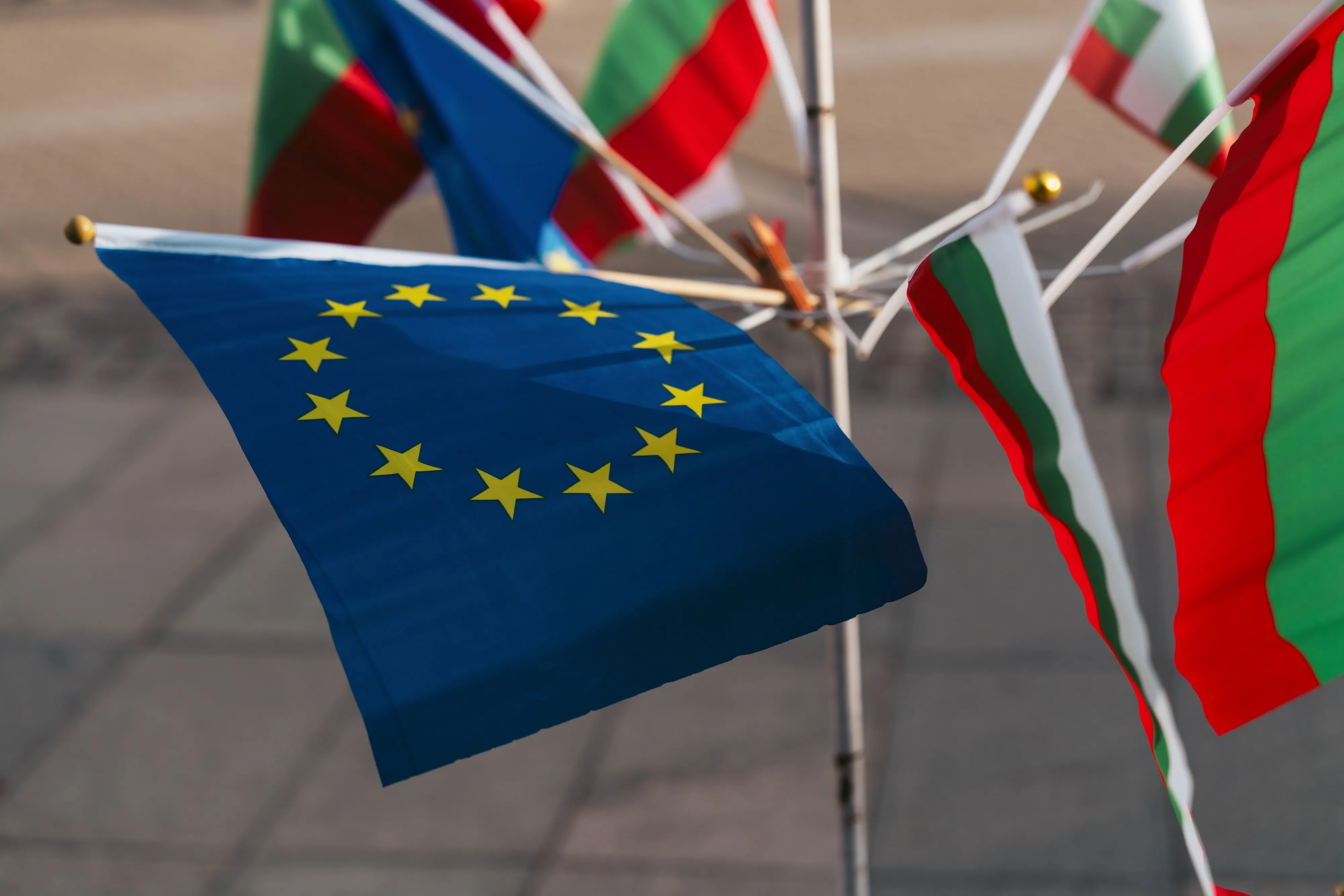 Bulgarian and European flags ahead of the euro currency adoption in Sofia, Bulgaria, on Tuesday, Dec. 23, 2025.