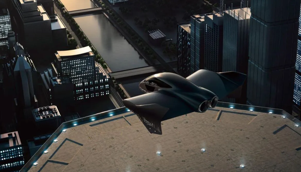 An artist rendering of a flying concept vehicle by Porsche and Boeing.