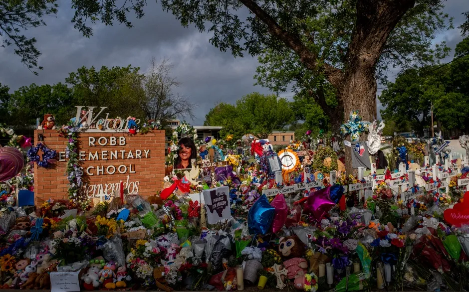 A memorial outside Robb Elementary School in Uvalde, Texas, on June 1.