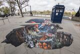 Peter Capaldi And New Doctor Who Companion Pearl Mackie Pose In Costume With The Tardis And A Huge 3D Pavement Painting On London's Southbank