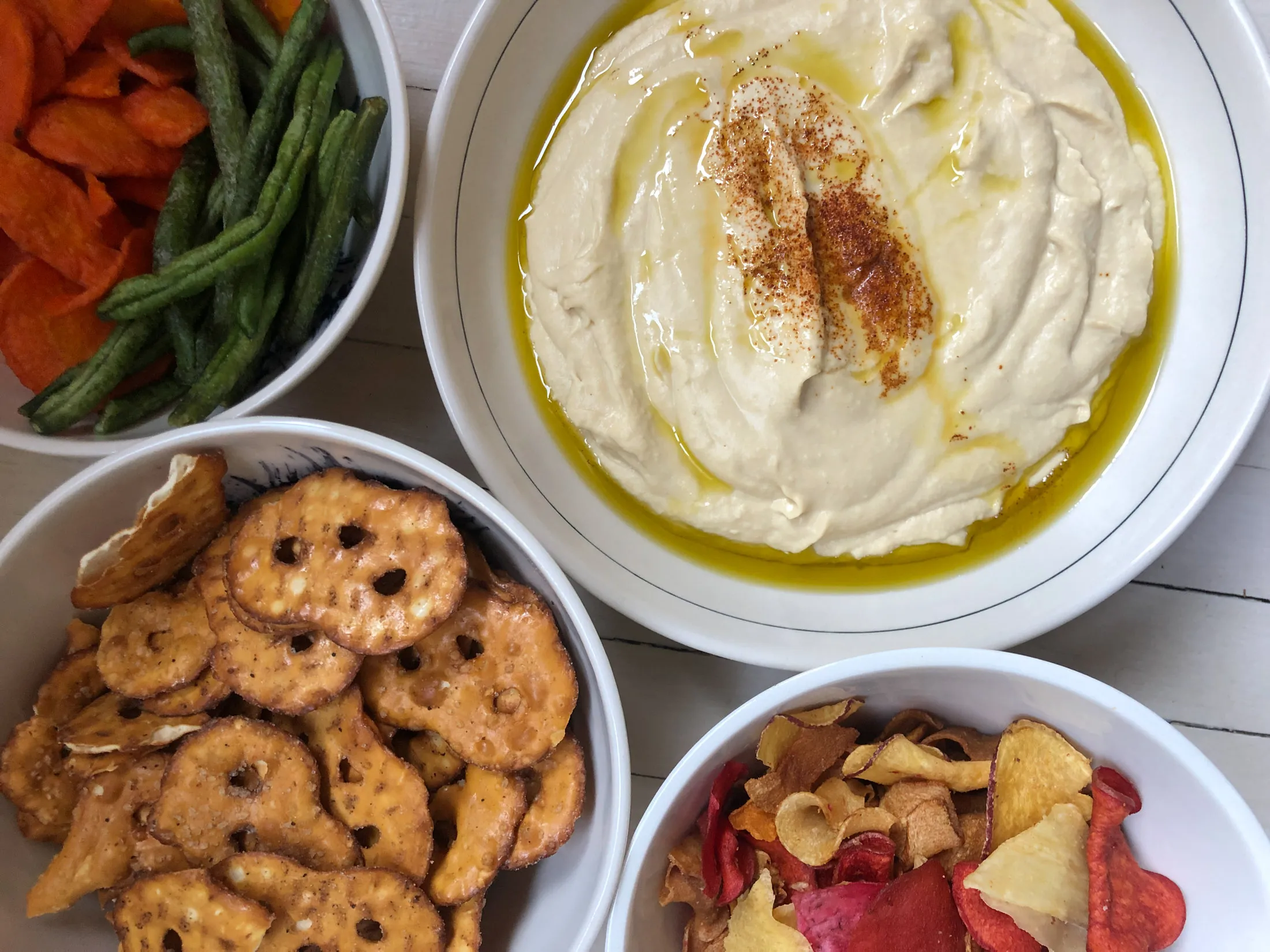 Perfectly simple hummus, with all-important accompaniments.