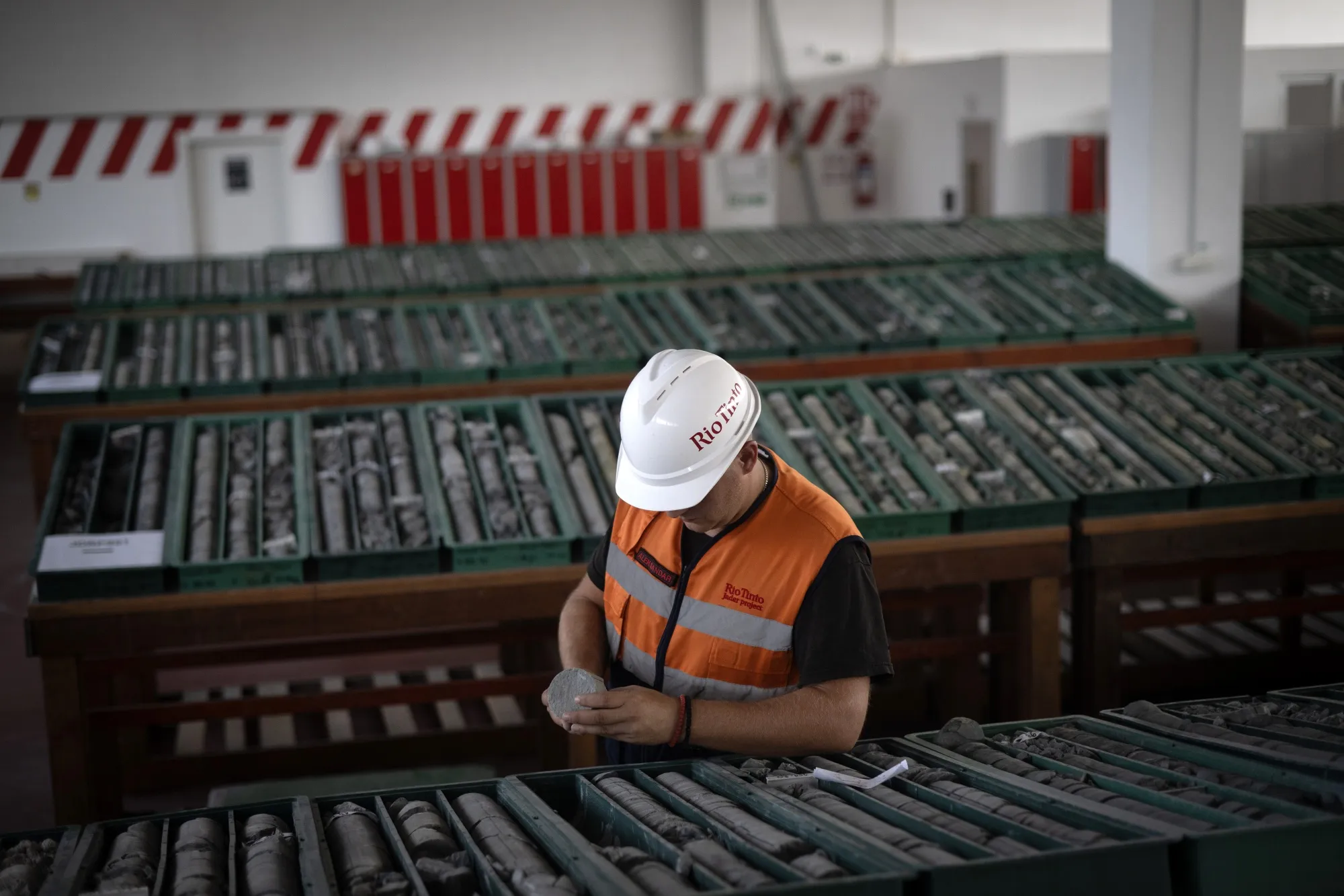 Sample trays of jadarite, containing lithium and borate, at the Rio Tinto Group research center in Loznica, Serbia.