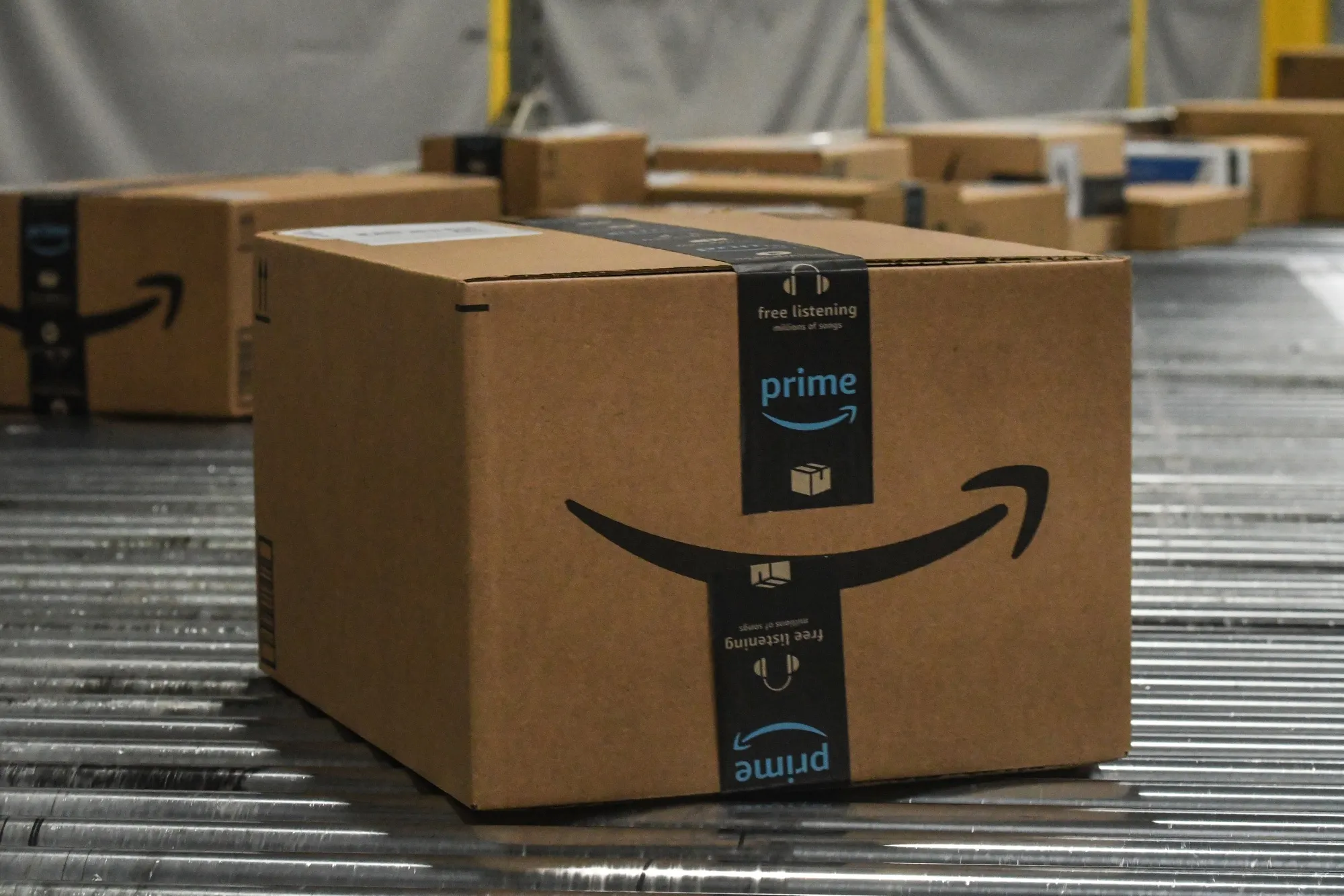 Packages move along a conveyor belt at an Amazon Fulfillment center on Cyber Monday in Robbinsville, New Jersey.