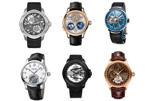 Clockwise from top left: Blancpain L-evolution C Tourbillon Carrousel, Montblanc Villeret Tourbillon Cylindrique Geosphères Vasco da Gama, Fabergé Visionnaire, Carl F. Bucherer Manero Tourbillon, Raymond Weil Nabucco Cello Tourbillon, Ulysse Nardin Ulysse Anchor Tourbillon