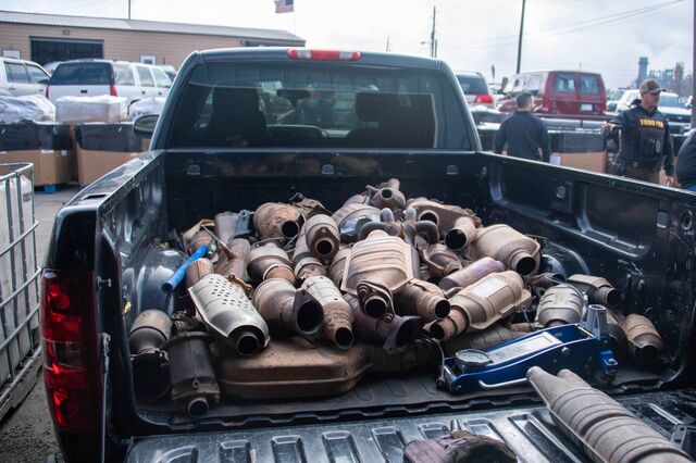 A pickup truck full of catalytic converters, along with a rapid floor jack for lifting cars, outside of Curtis Cores in Oklahoma in November