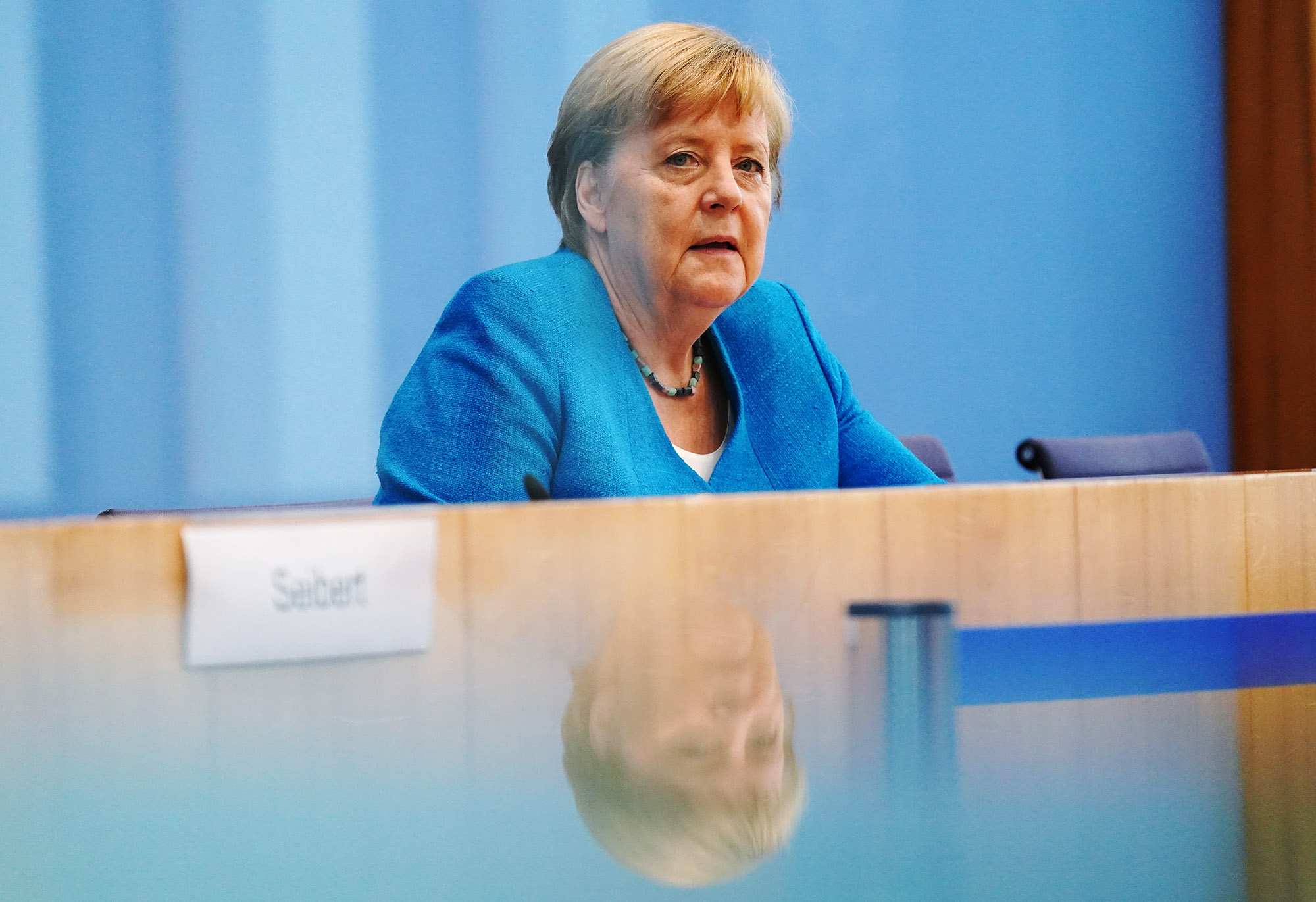 Angela Merkel speaks at her annual summer press conference on Aug. 28.