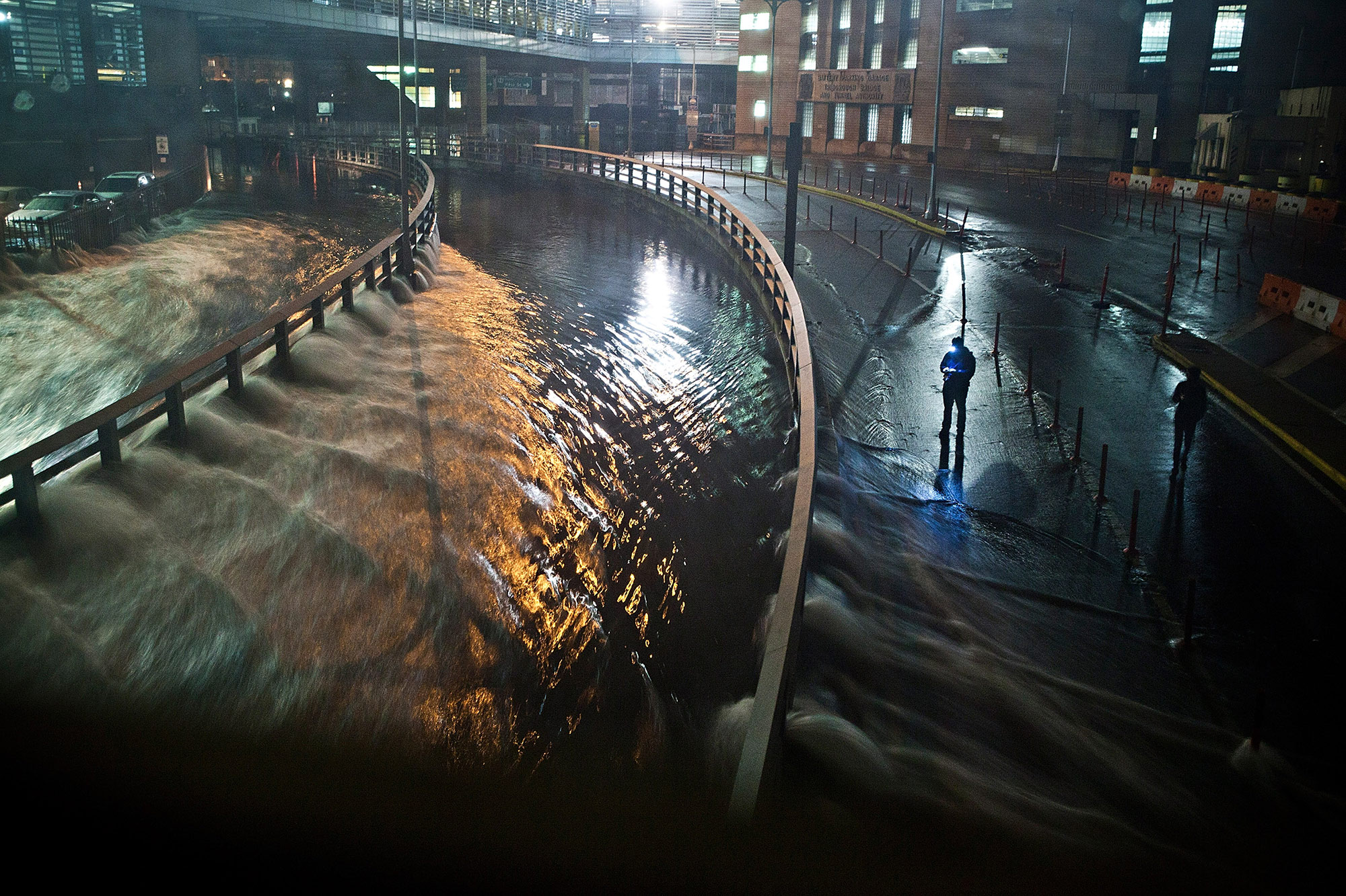 Water rushes into the Carey Tunnel (previously the Brooklyn Battery Tunnel), caused by Hurricane Sandy, October 29, 2012, in the Financial District of New York.

