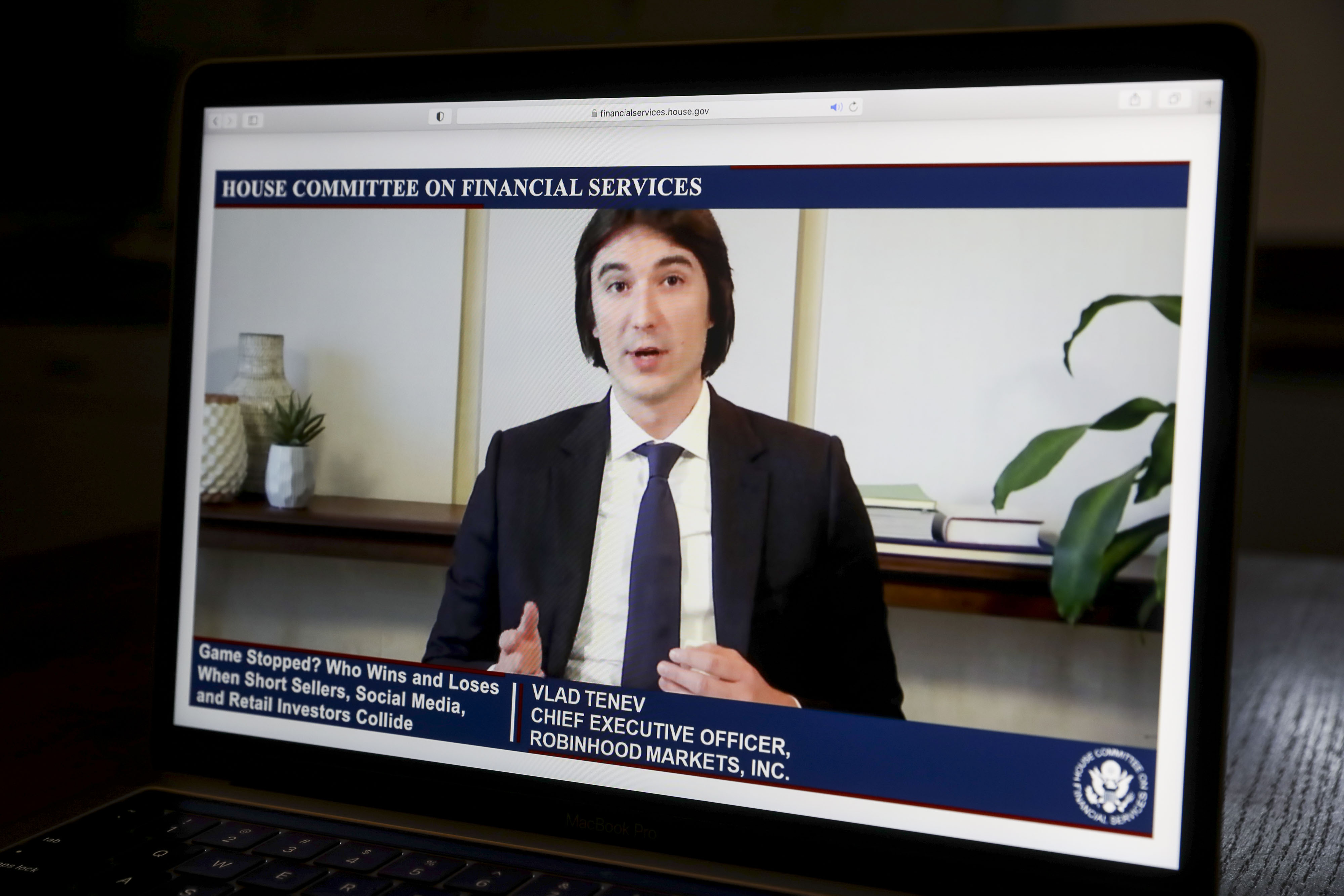 Vlad Tenev,&nbsp;speaks virtually during a House Financial Services Committee hearing on Feb. 18.