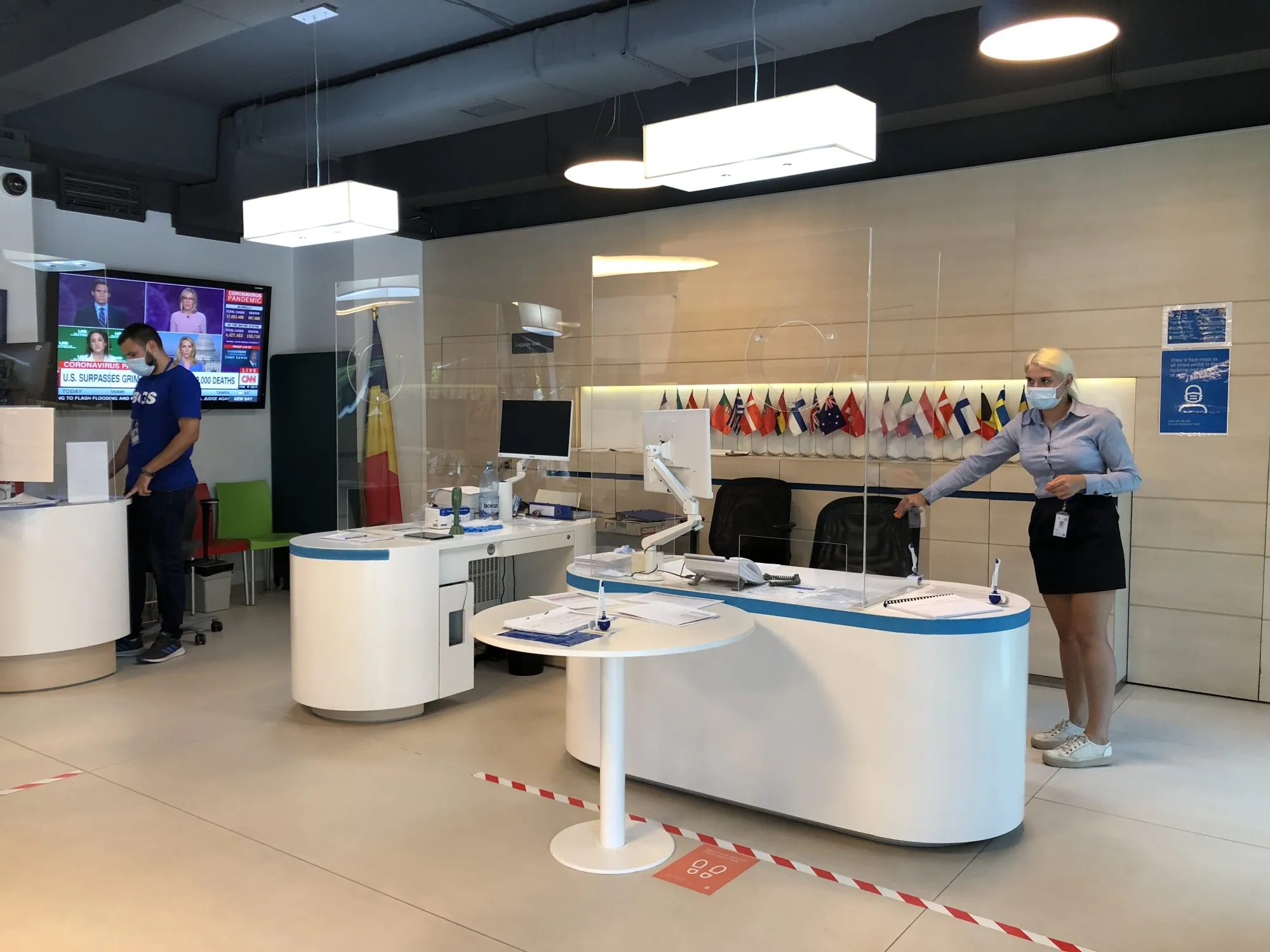 The building reception desk at Ericsson’s office in Bucharest, Romania, where the space is being adapted as a pilot for a new “immune” building standard.&nbsp;