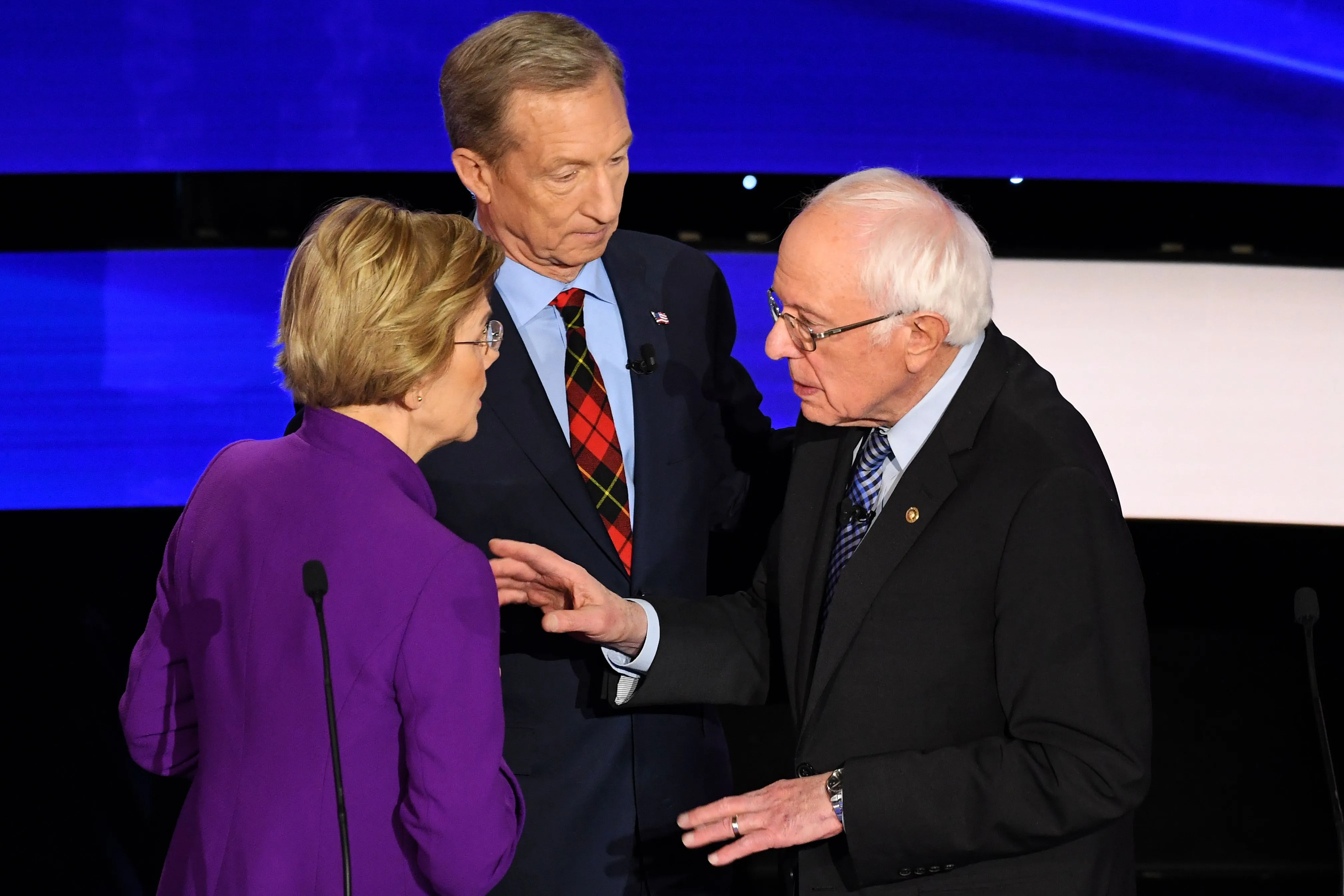 Senator Elizabeth Warren&nbsp;speaks with Senator Bernie Sanders&nbsp;alongside billionaire-philanthropist Tom Steyer following the seventh Democratic primary debate&nbsp;on Jan.&nbsp;14.