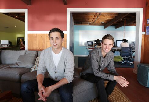 Bobby Murphy, left, and Evan Spiegel, the co-founders of the Snapchat app, at the company's offices in Venice Beach, Calif., Jan. 31, 2013