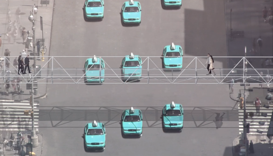 An imaginary fleet of self-driving cars cruises through Manhattan, while pedestrians cross overhead (Edg)