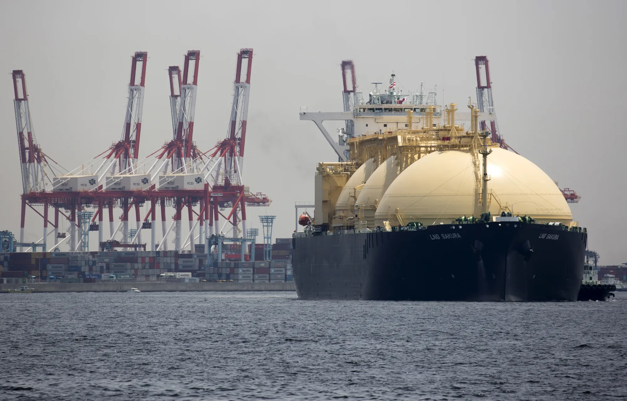 An LNG&nbsp;tanker sails past a container terminal as it arrives&nbsp;in Yokohama.
