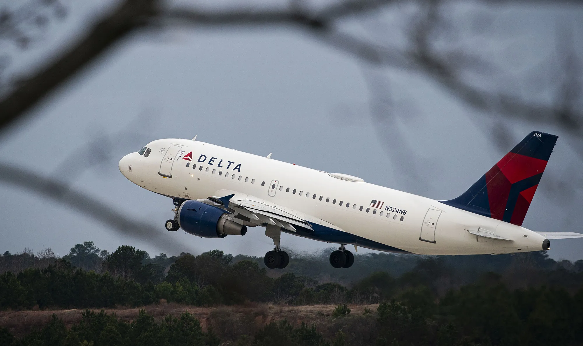 An Airbus A319 plane, operated by Delta Airlines, departs Raleigh-Durham International Airport (RDU) in Morrisville, North Carolina.