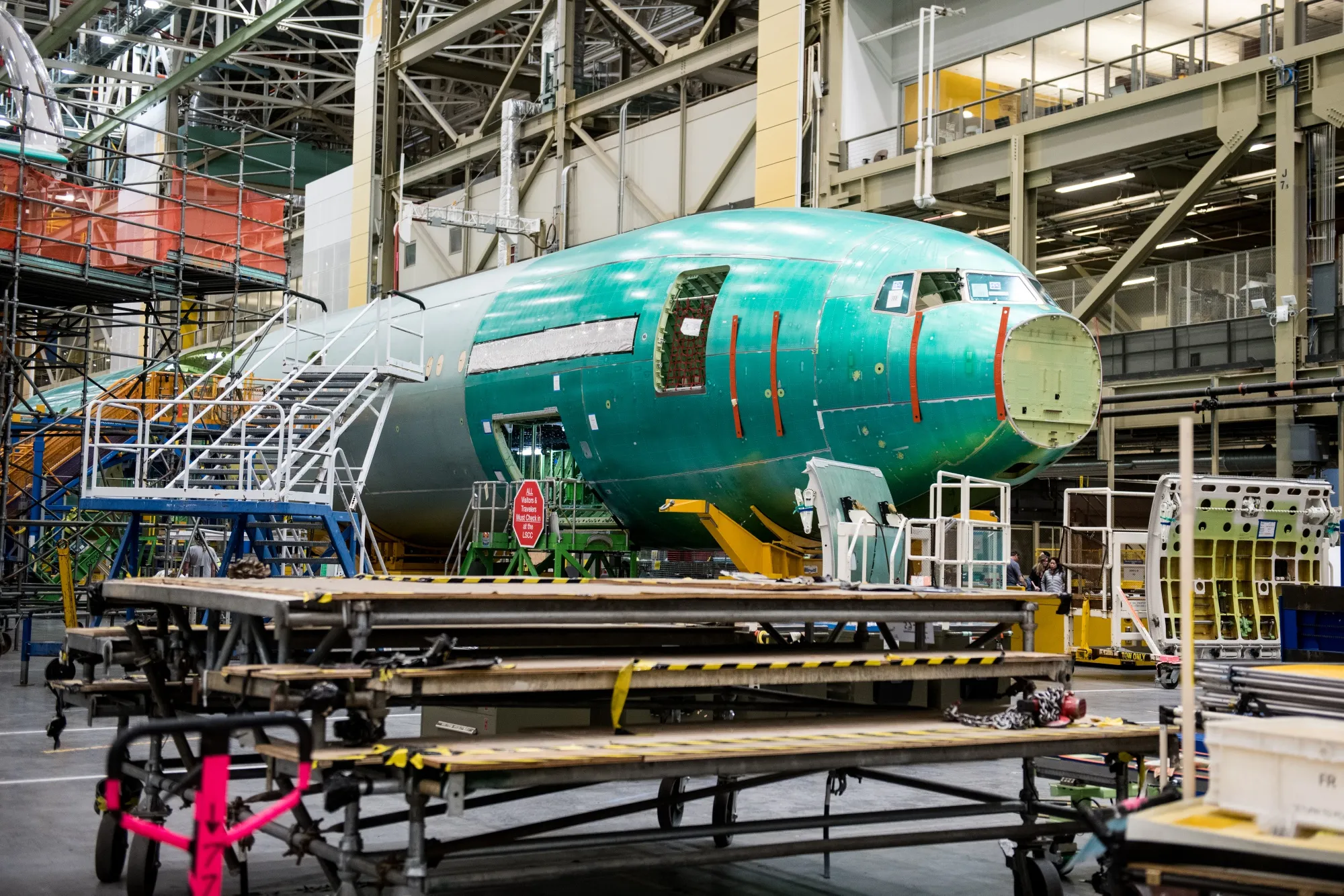 A Boeing 777X sits on the assembly floor at the company’s facility in Everett, Washington on March 6.