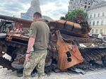 A burned-out Russian tank on Mykhaylivska square, Kyiv, on June 5.