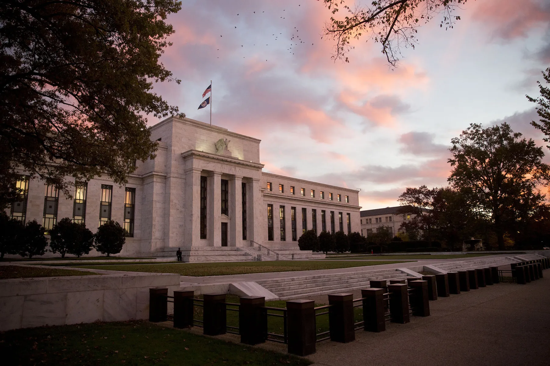 The Federal Reserve building at sunrise in Washington, D.C.
