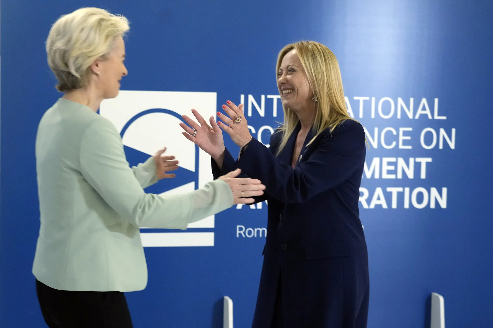Giorgia Meloni, right, welcomes&nbsp;Ursula von der Leyen in Rome, July 23.&nbsp;