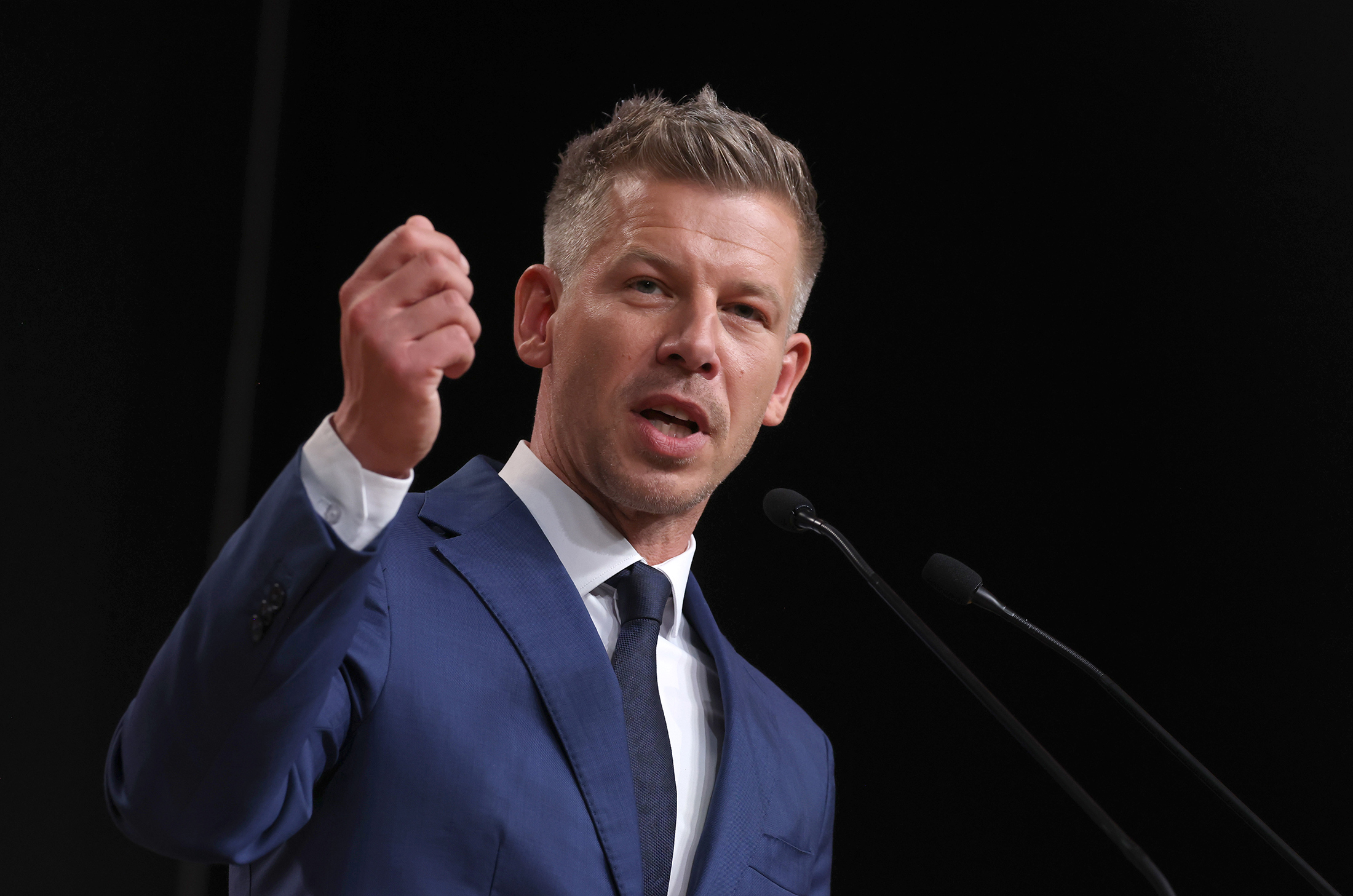 BUDAPEST, HUNGARY - APRIL 14: Peter Magyar, lead candidate of the Tisza party, speaks to the media the day after the sweeping Tisza victory over rival Fidesz in Hungarian parliamentary elections on April 14, 2026 in Budapest, Hungary. The win paves the way for Magyar to replace current Prime Minister Viktor Orban, who yesterday conceded defeat. Photographer: Sean Gallup/Getty Images