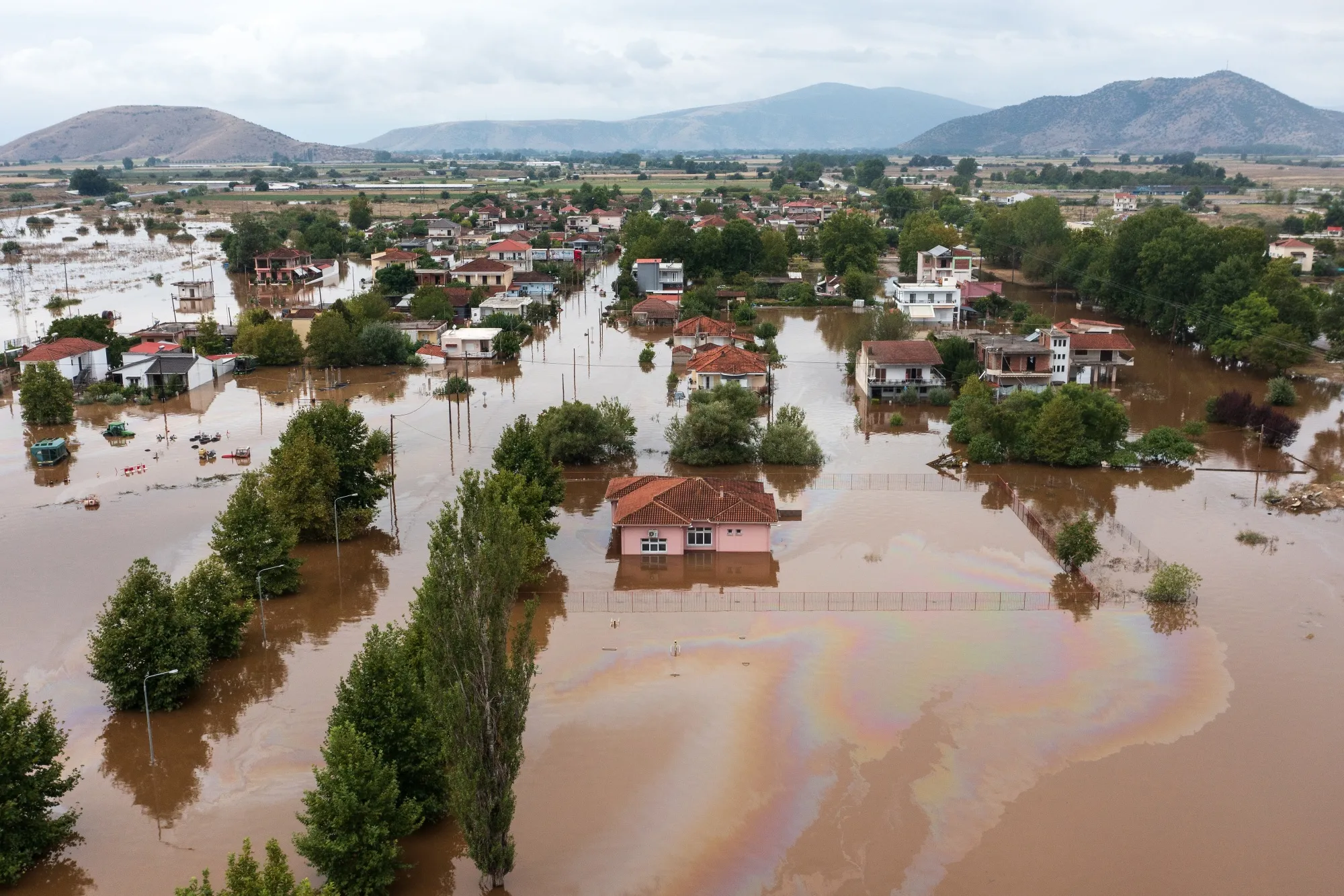 Homes submerged by floodwater in the village of Farkadona following Storm Daniel, in Trikala region, Greece, on&nbsp;Sept. 7.