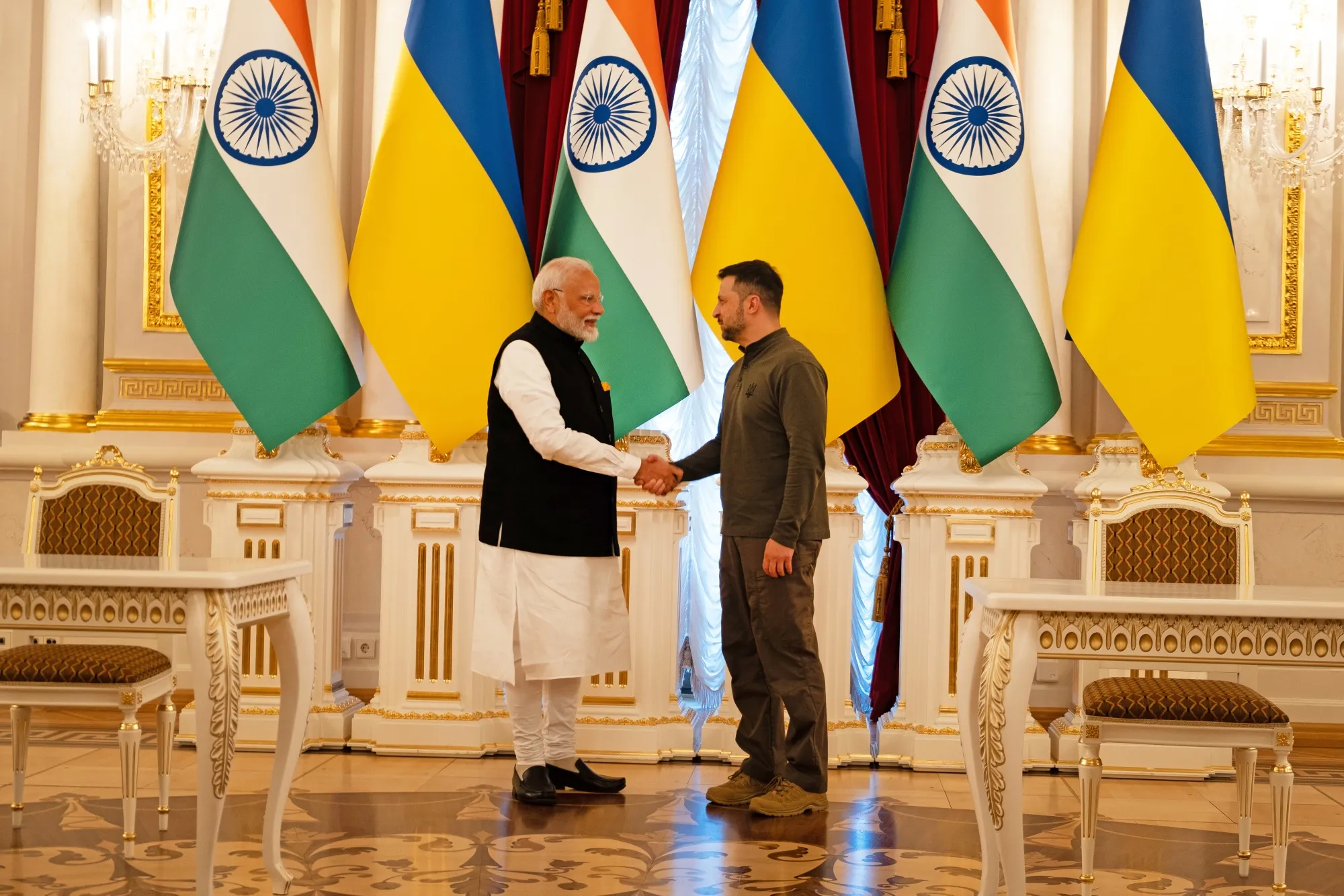 Narendra Modi, left, and Volodymyr Zelenskiy in Kyiv, Ukraine, on Aug. 23.
