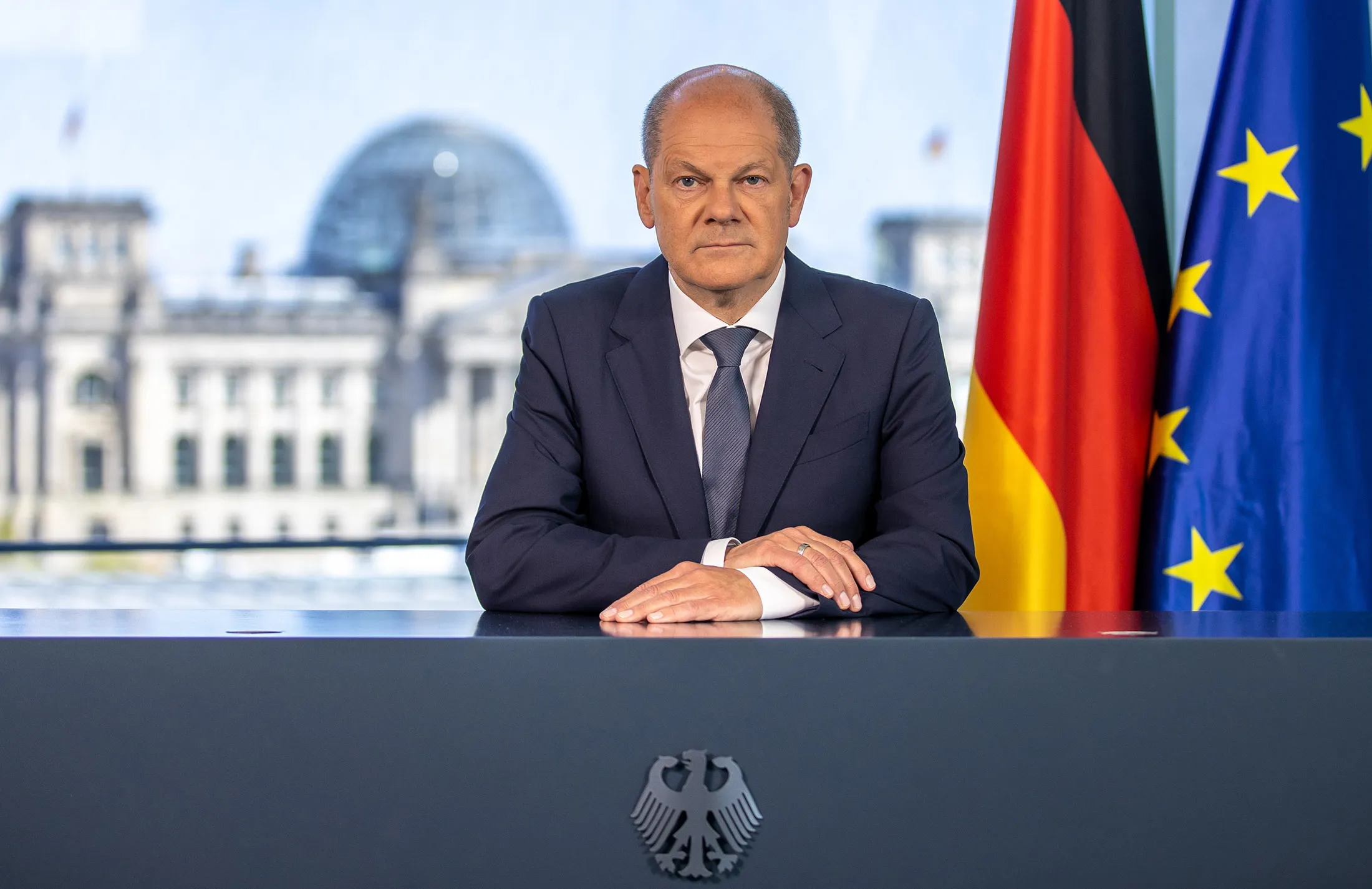 Olaf Scholz records an address to the nation on V-E day in the Federal Chancellery on May 8.