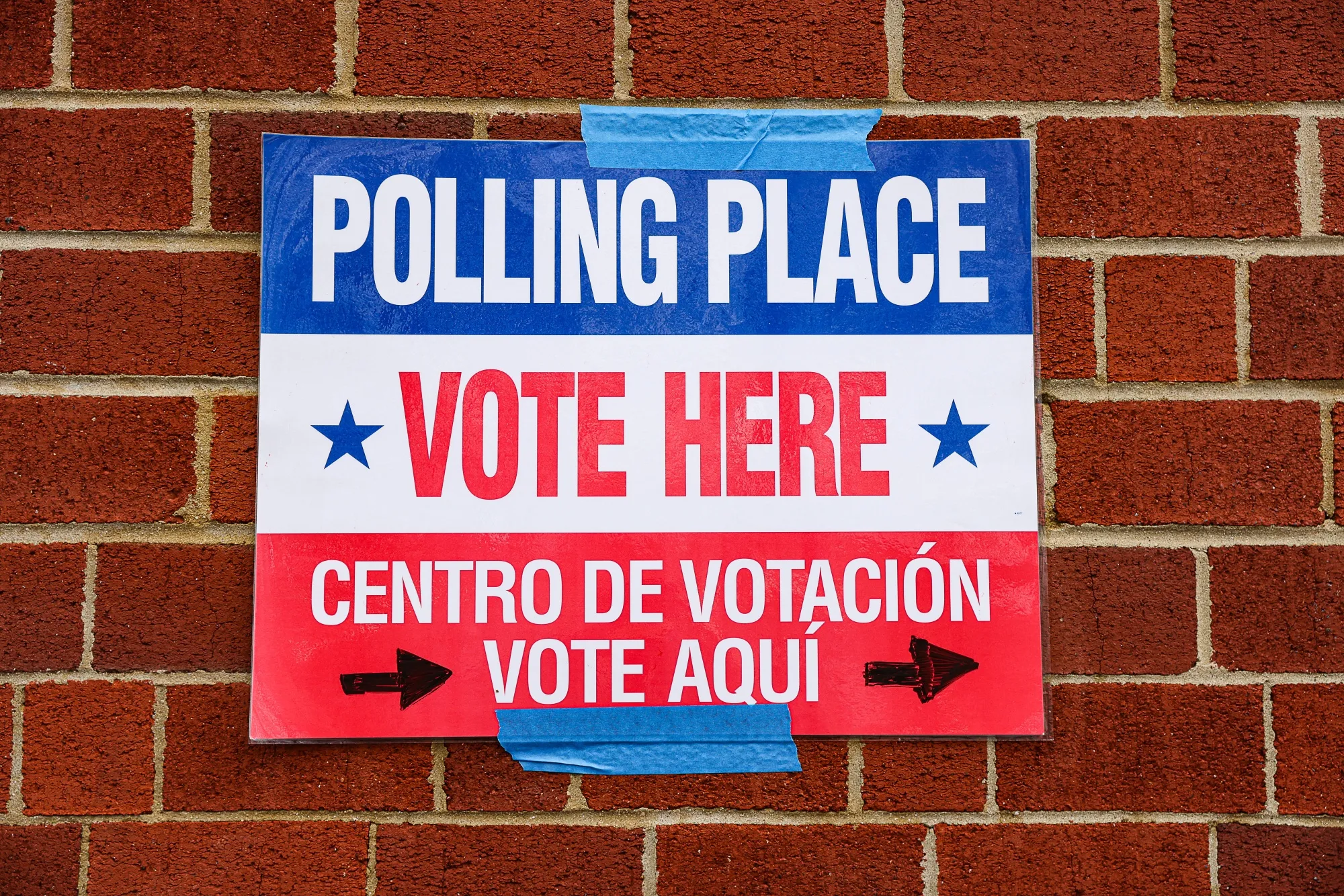 Signage outside a polling station at Randolph Elementary School in Arlington, Virginia, US, on Tuesday, March 5, 2024.&nbsp;