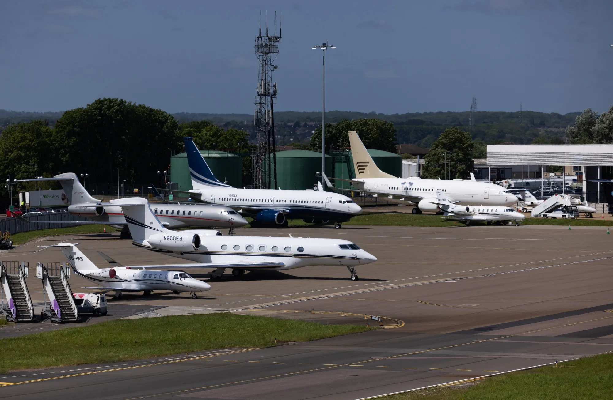 Private jets on the tarmac at London Luton Airport in Luton, UK.