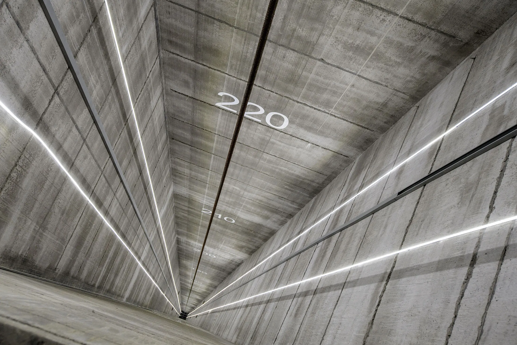 An elevator shaft at Thyssenkrupp Elevator's testing tower in Rottweil, Germany.
