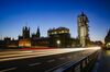 Automobiles cast light trails as they travel across Westminster Bridge in view of the Houses of the Parliament in London, U.K., on Monday, Dec. 9, 2019. Prime Minister Boris Johnson said his Conservatives are putting their message across in "every seat" as he goes into the final days of the U.K.’s general election campaign.