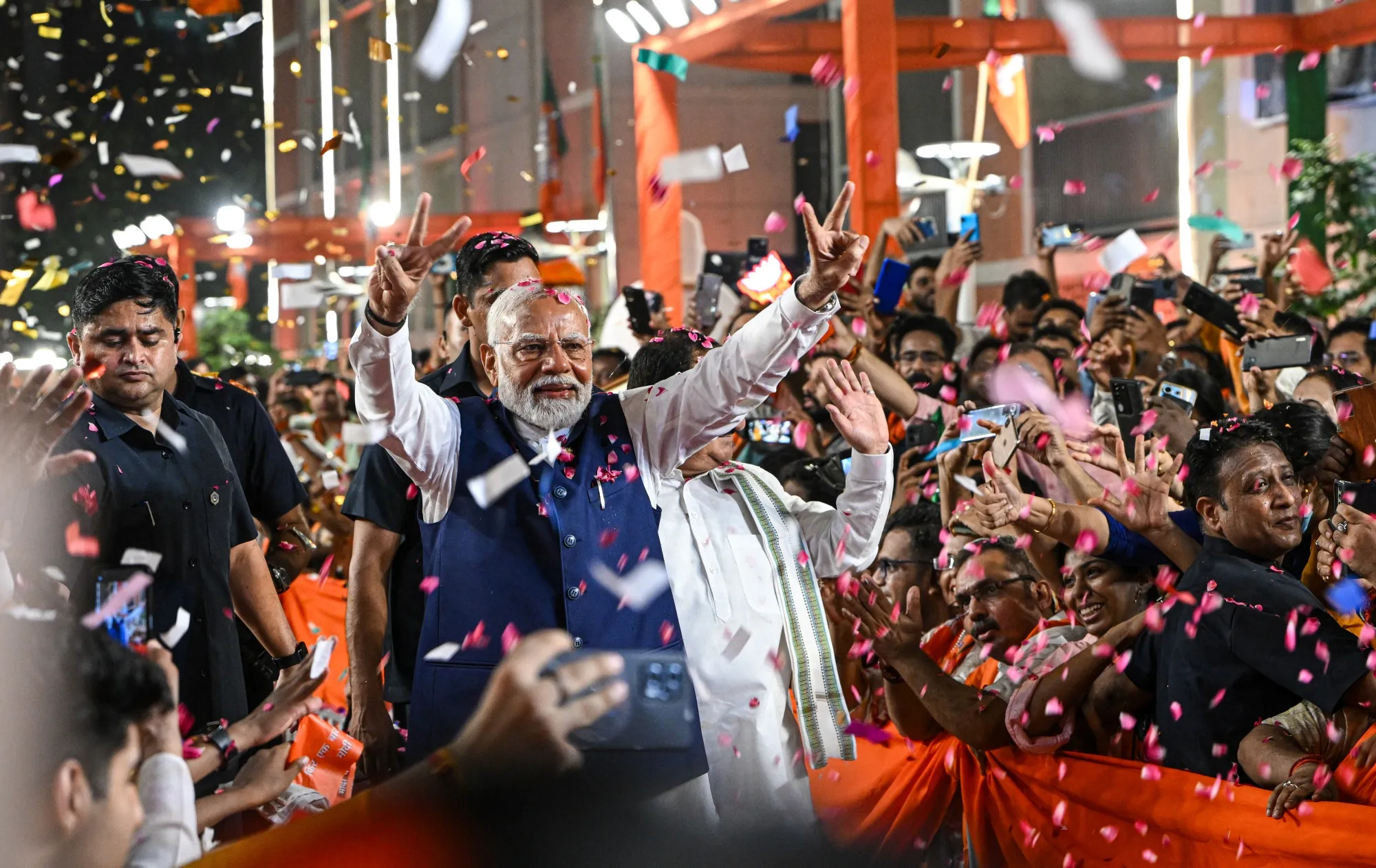 Narendra Modi, India’s prime minister, greets supporters during election results night in New Delhi on June 4, 2024.