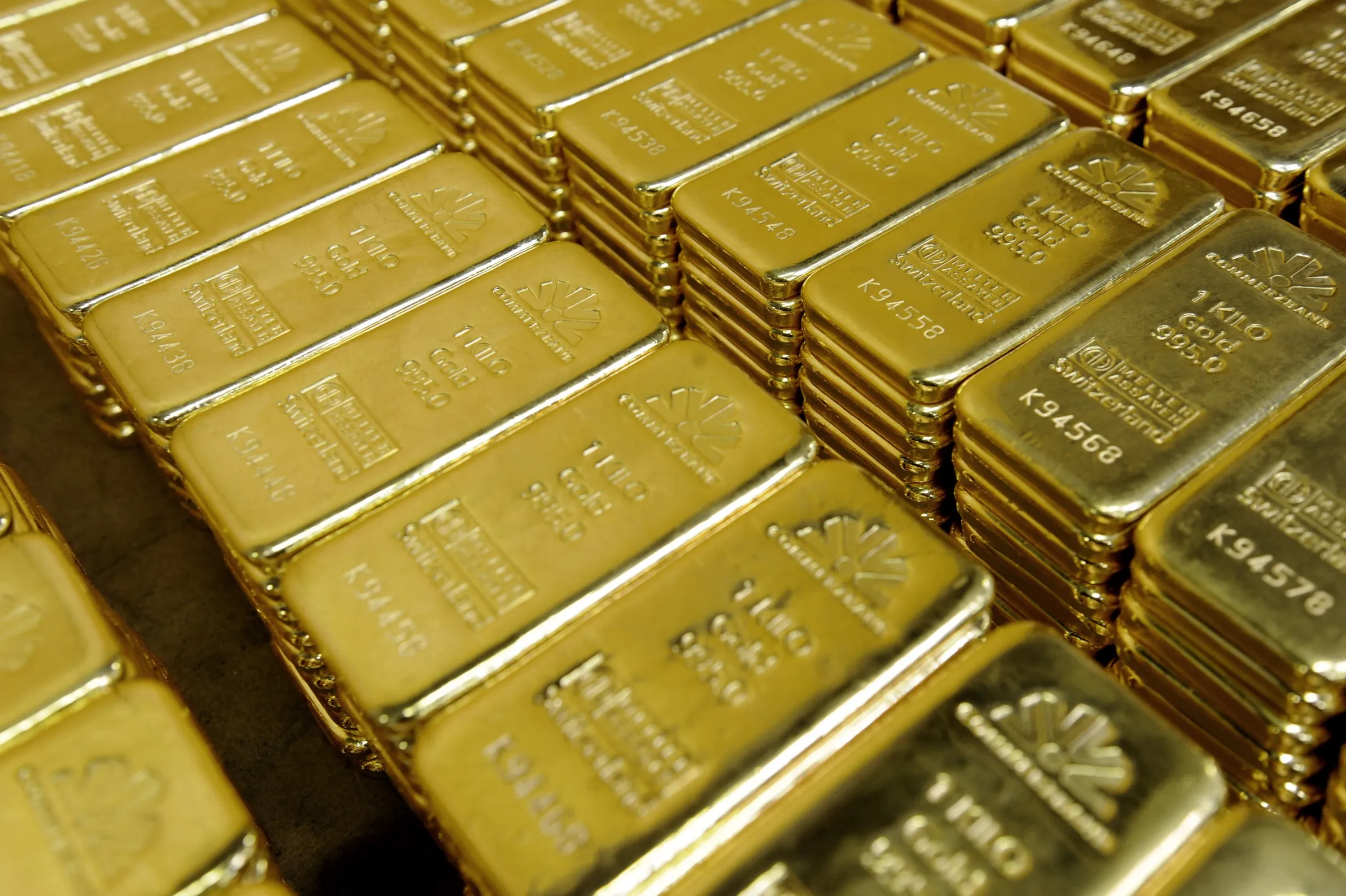 Gold bars stacked at a refinery in Switzerland.