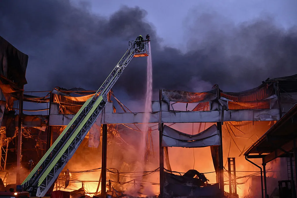 &nbsp;A&nbsp;fire at the site of a food warehouse following a Russian missile strike in Kyiv early on October 25, 2025.