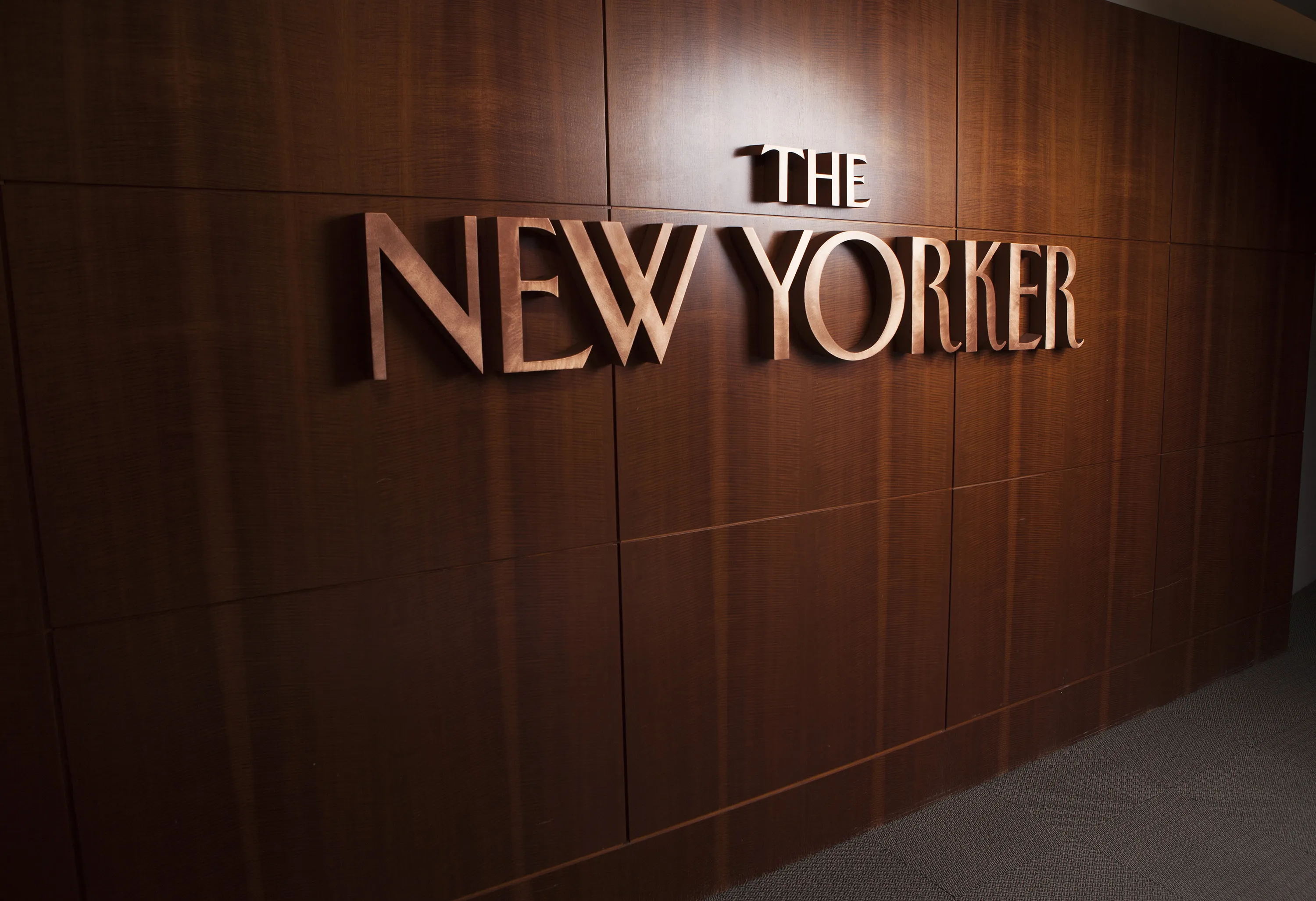 The New Yorker logo lines the entryway to the magazine's offices in New York.