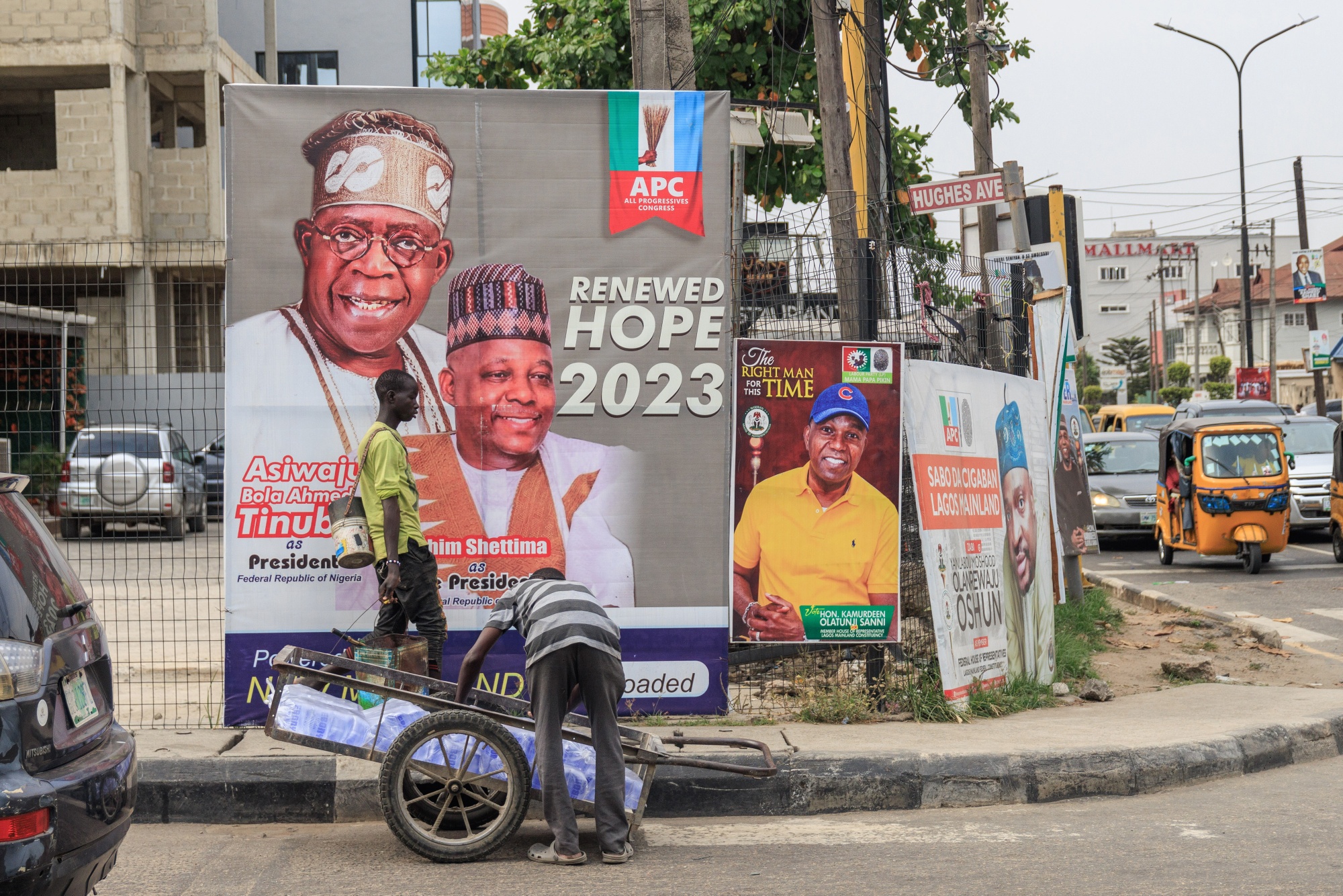 Election posters for Bola Tinubu and his running mate Kashim Shettima in the Yaba district of Lagos, Nigeria.