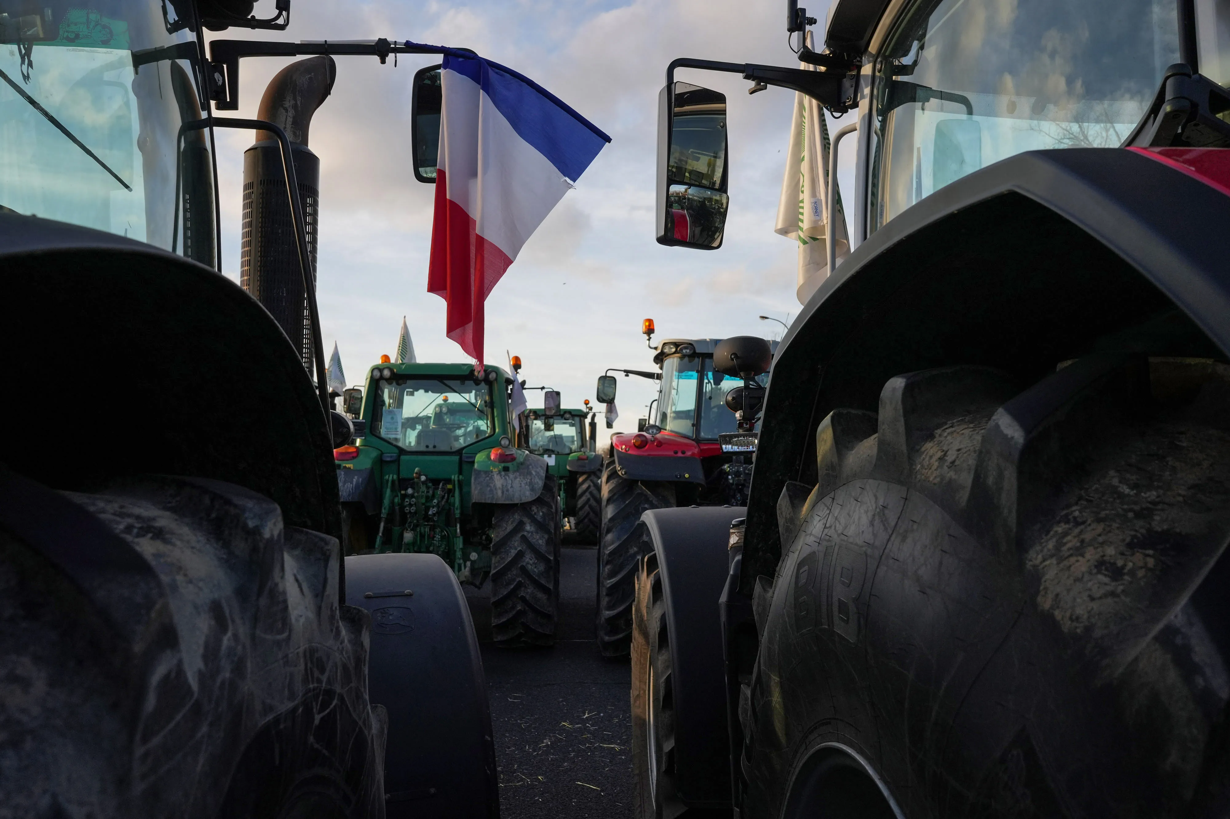 Tractors block the A6 highway during a protest by French farmers near Paris, France, on Jan. 31.