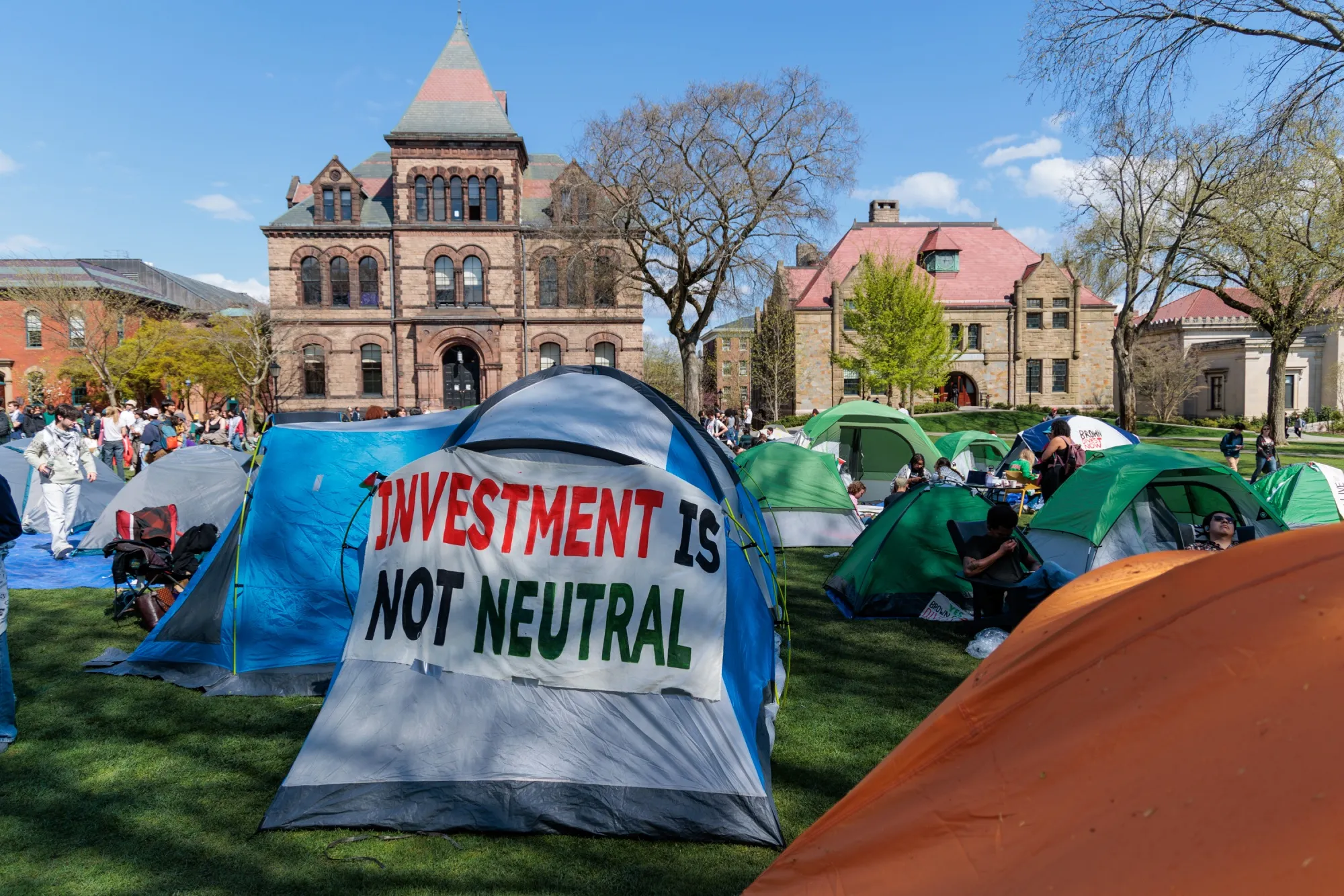 Brown University students set up a pro-Palestine encampment on the main green in April.