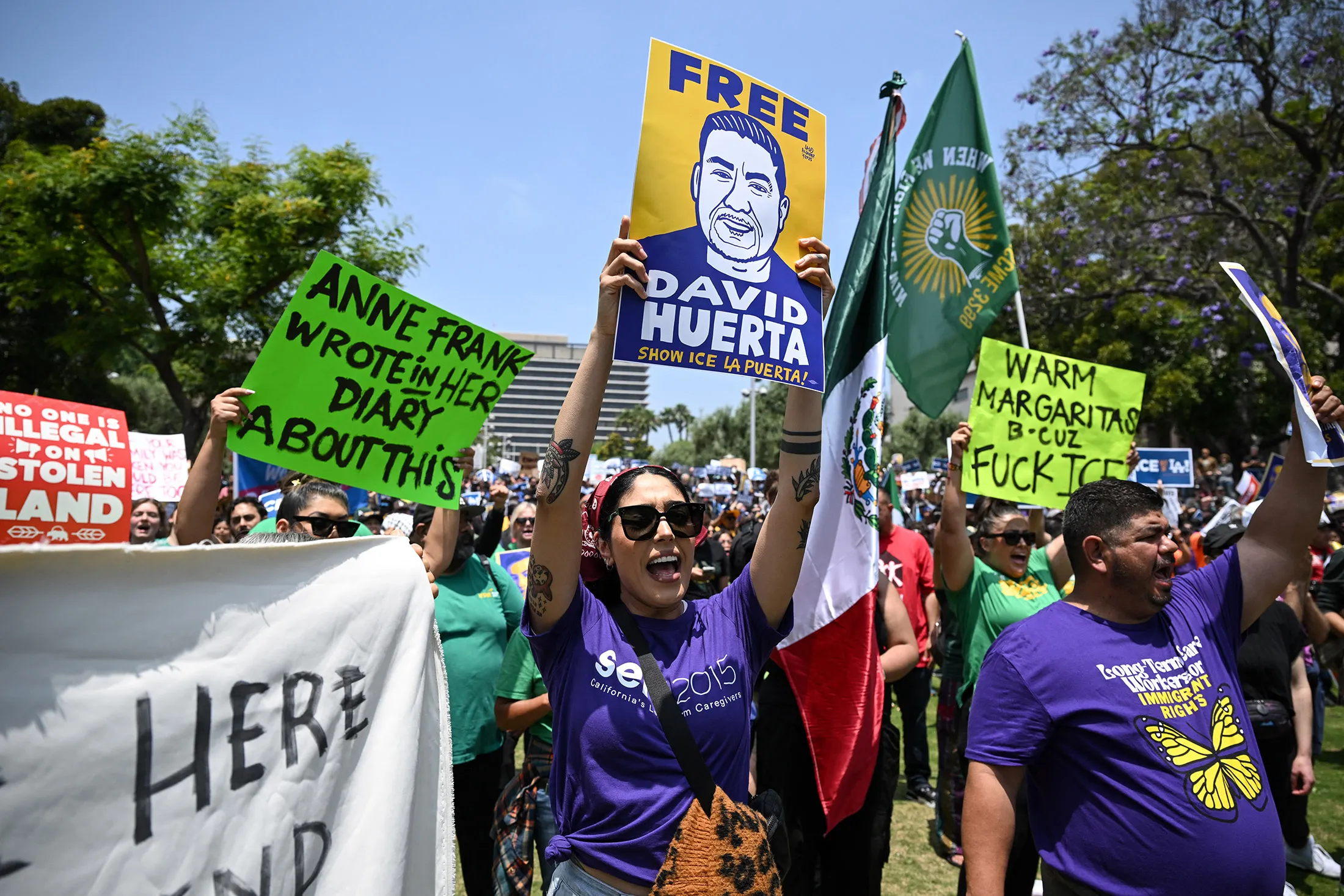 Demonstrators call for the release of union leader David Huerta&nbsp;at Gloria Molina Grand Park in Los Angeles on June 9.&nbsp;